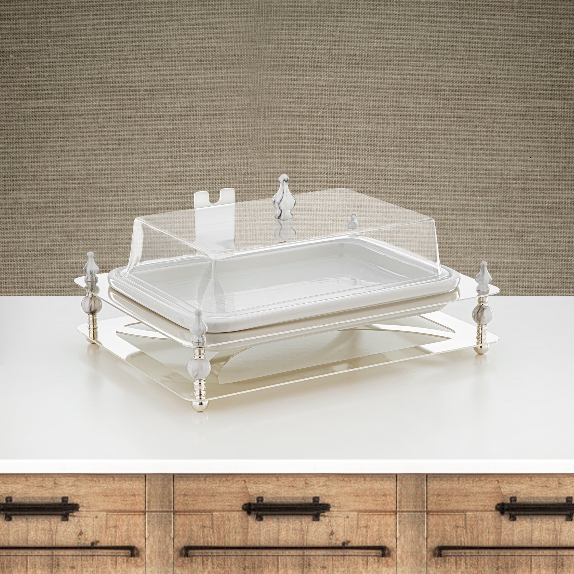 Almarjan 41 CM Serving Tray With Acrylic Cover Silver - HM4111-S