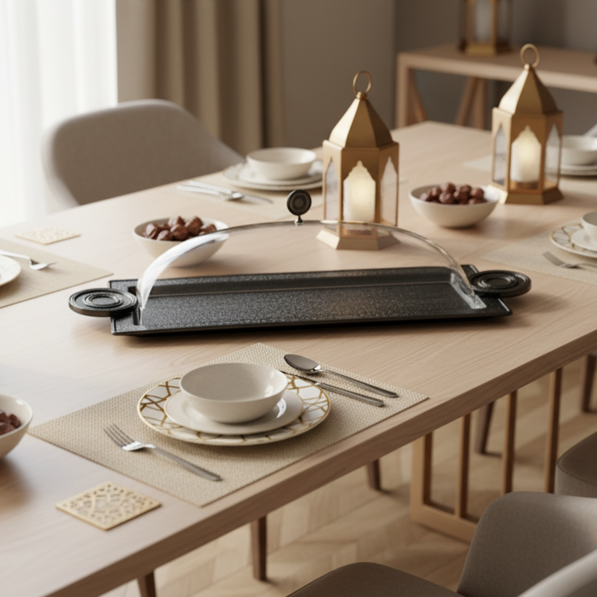 صينية تقديم المرجان مع غطاء 56 سم أسود بتصميم متشقق