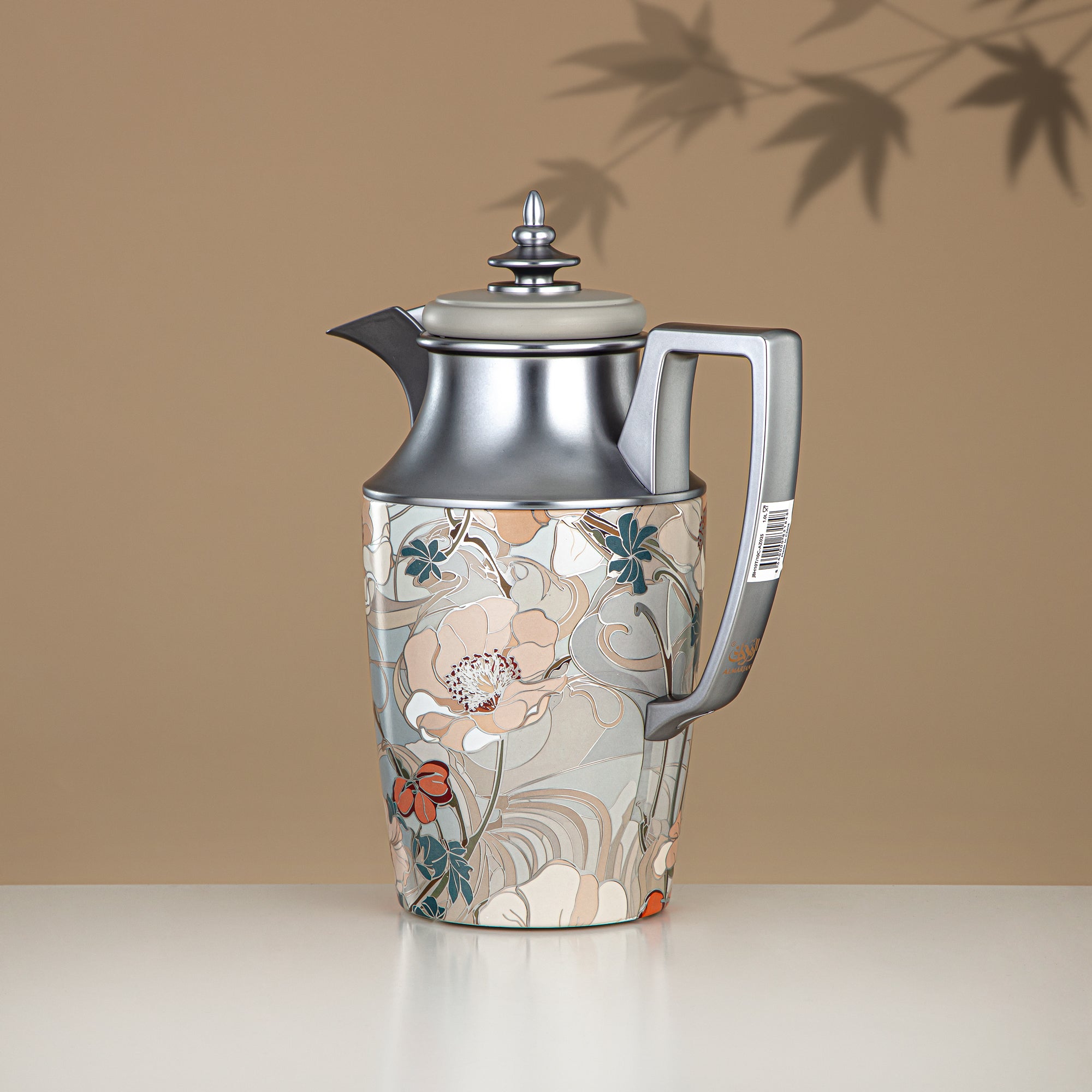 ألمرجان طقم ترامس، زر ضغط، 1 لتر + 1 لتر، مزهر وفضي مطفي (JBH10T/10C-AZ02S) - شاي وقهوة ترمس