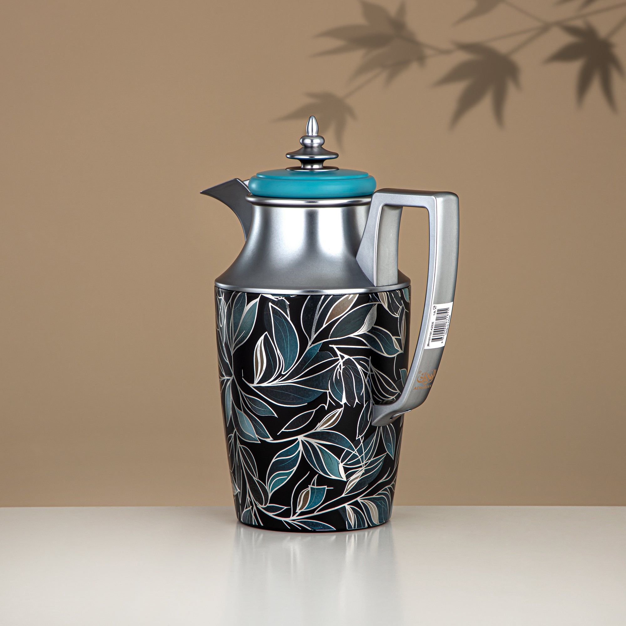 Almarjan Vacuum Flask Set, Push Button, 1L + 1L, Floral & Matt Silver (JBH10T/10C-AZ03S) - Tea & Coffee Vacuum Flask