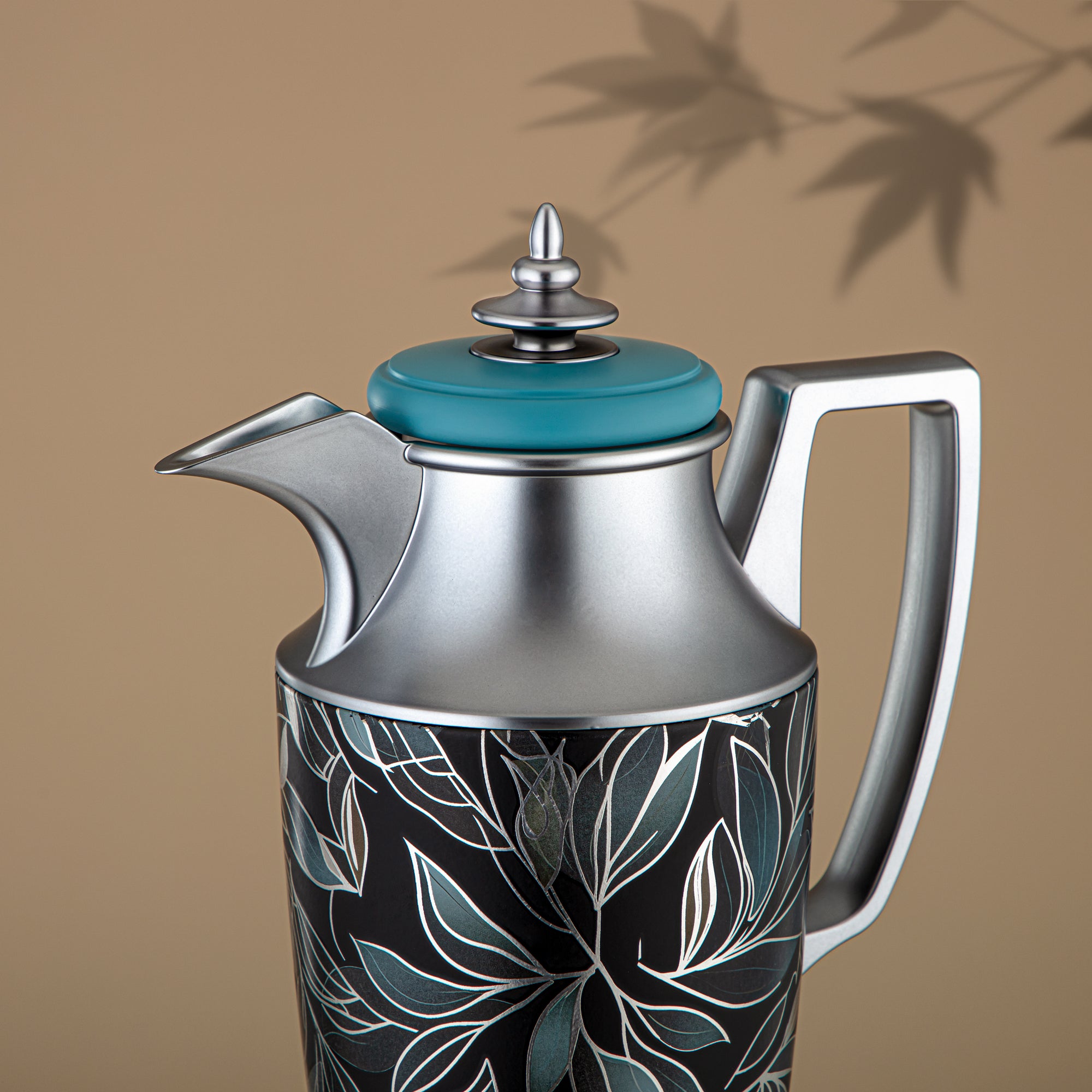 Almarjan Vacuum Flask Set, Push Button, 1L + 1L, Floral & Matt Silver (JBH10T/10C-AZ03S) - Tea & Coffee Vacuum Flask