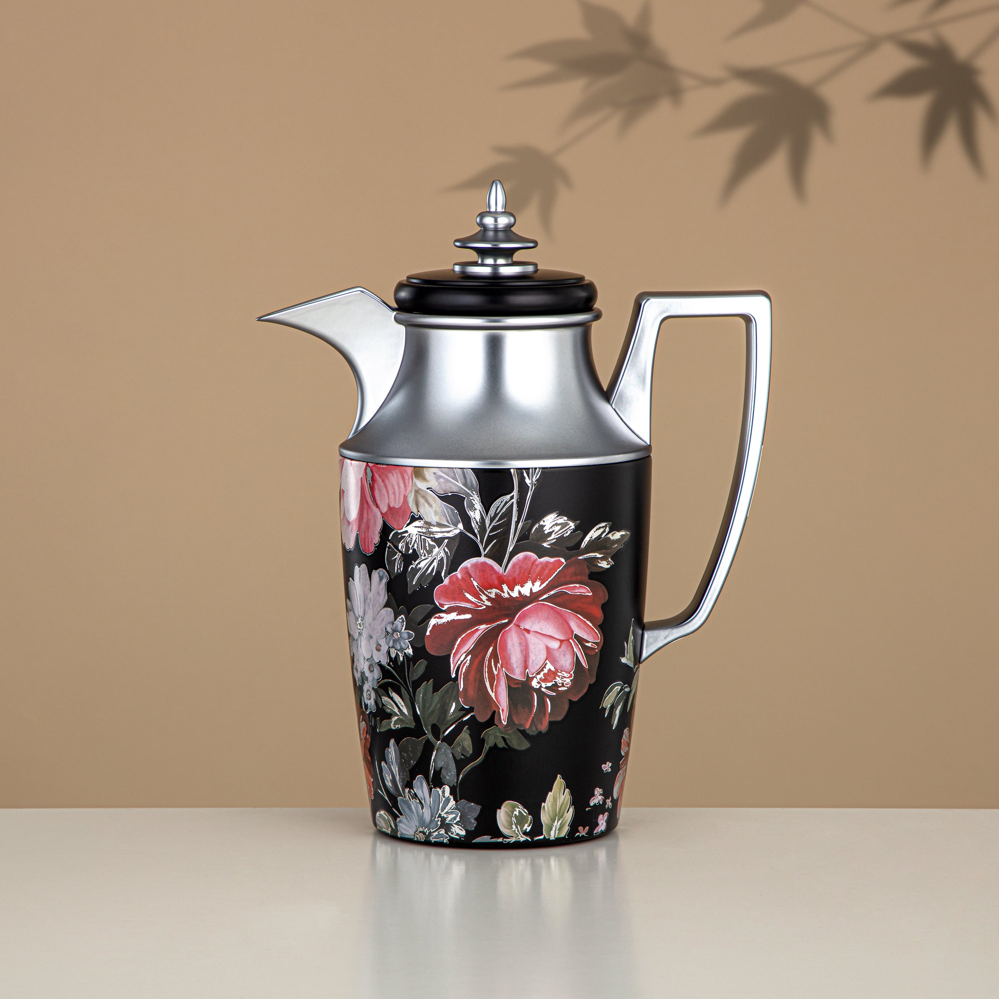 ألمرجان طقم ترامس، زر ضغط، 1 لتر + 1 لتر، مزهر وفضي غير لامع (JBH10T/10C-AZ04S) - شاي وقهوة ترمس