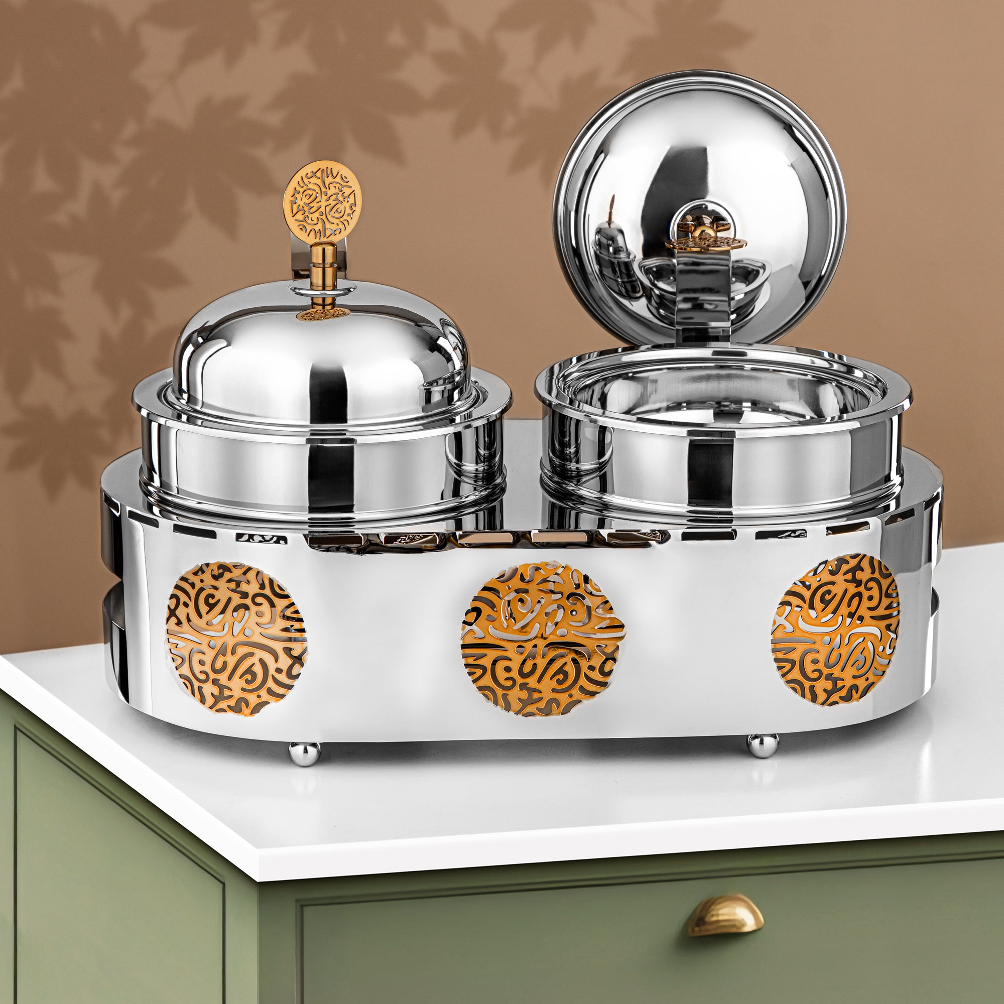 Almarjan Chafing Dish Double Stainless Steel 1.25L + 1.25L Silver & Gold (MD-3019) - Stylish Serveware