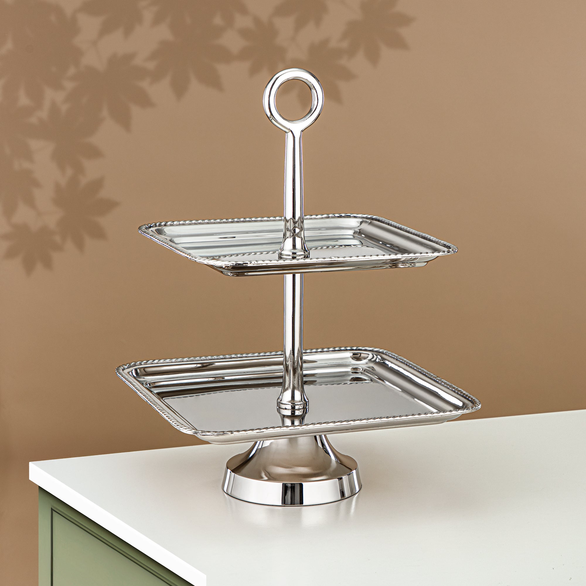 Almarjan Square Cake Stand Stainless Steel, Two Tiers, Silver (MD-3031) - Stylish Serveware