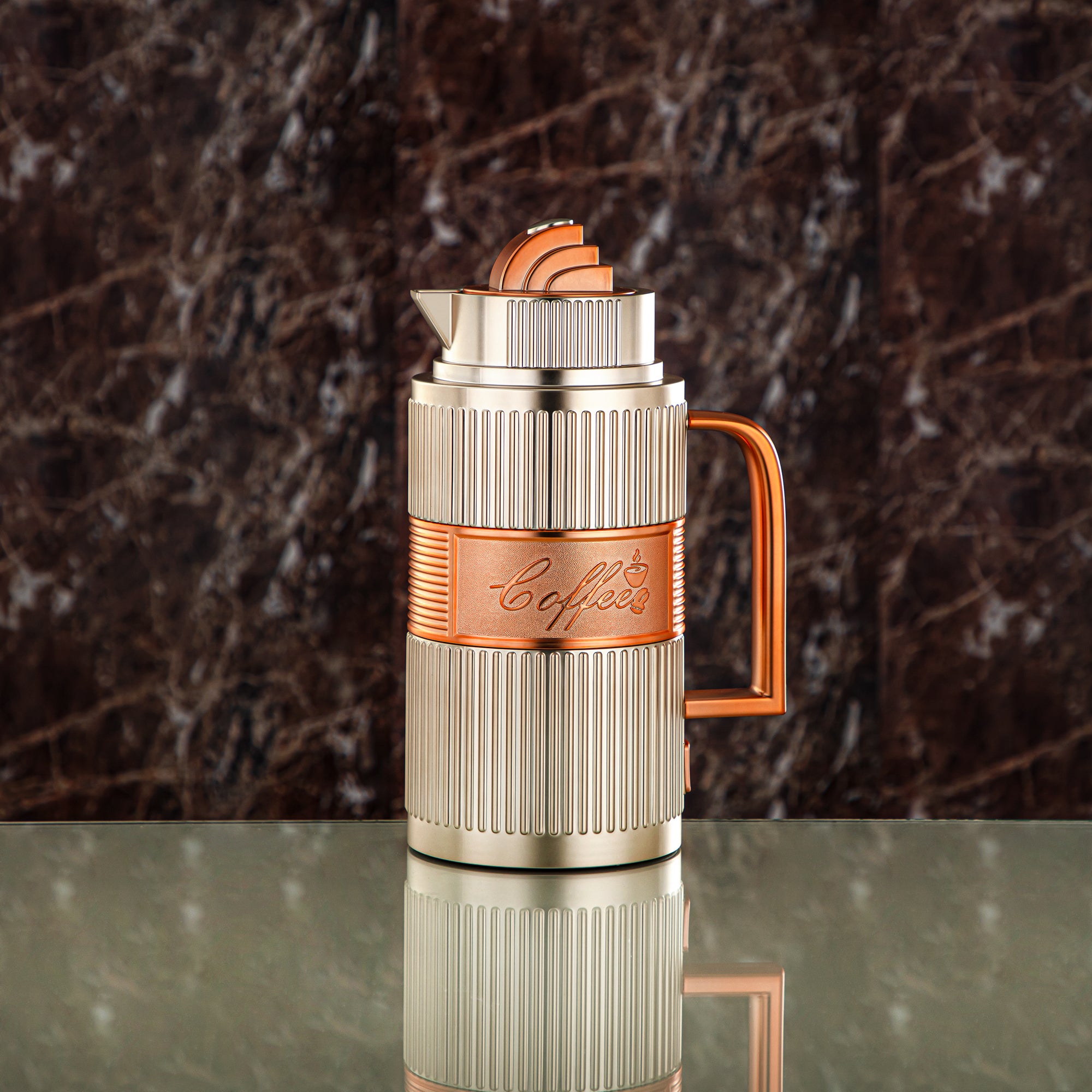 Almarjan Vacuum Flask Set, ABS, Push Button - 1L + 1L, Matt Silver & Matt Copper (OUD-MNMCP) - Tea & Coffee