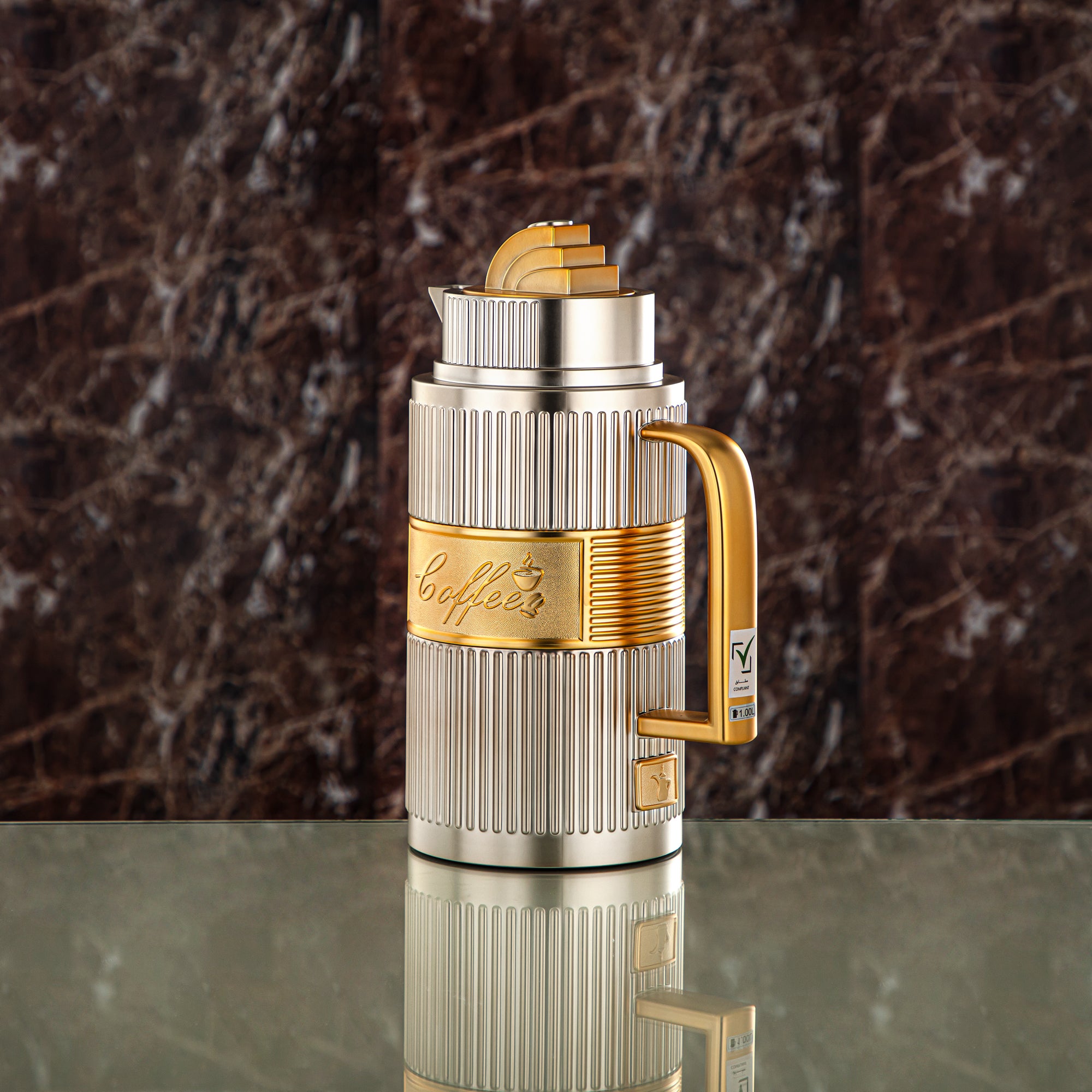 Almarjan Vacuum Flask Set, ABS, Push Button - 1L + 1L, Matt Silver & Matt Gold (OUD-MNMG) - Tea & Coffee