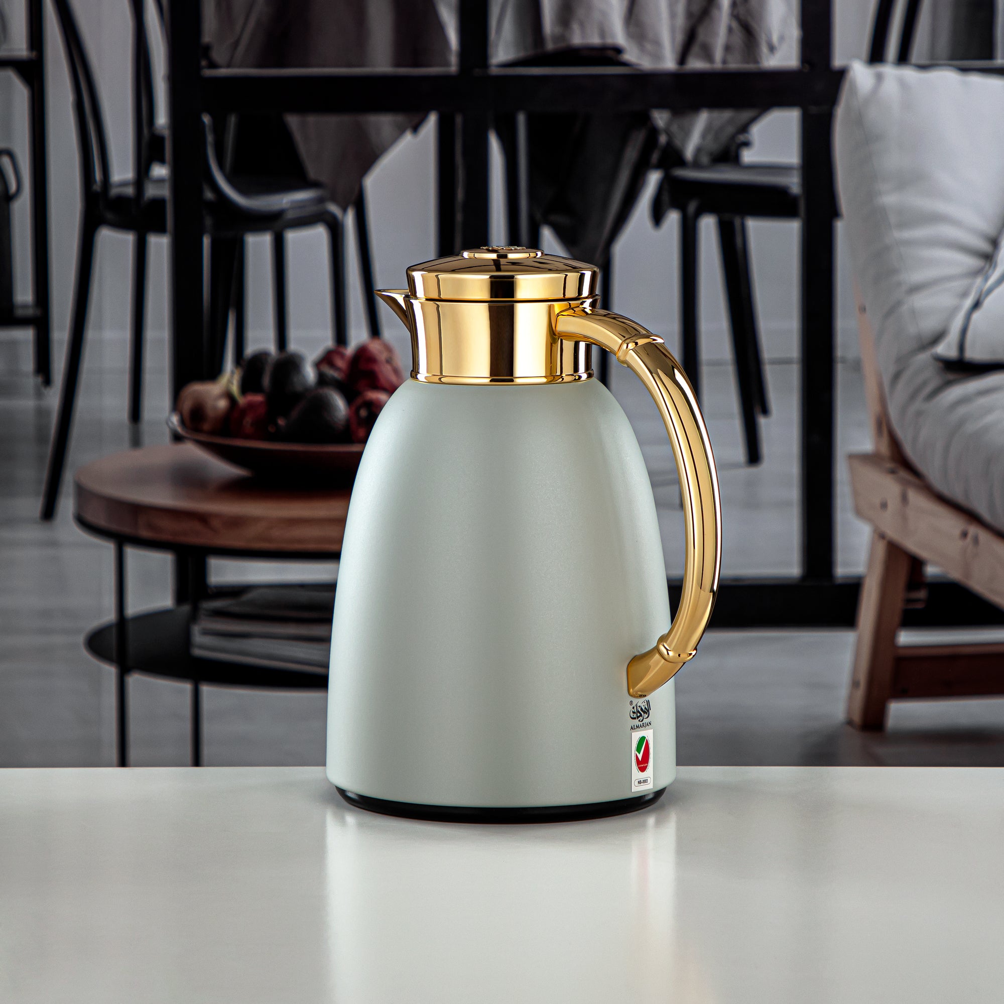 Almarjan Vacuum Flask 1.0L (QVC-1000Q265YZC95) - Push Button, Stone Grey & Gold | Modern Serveware