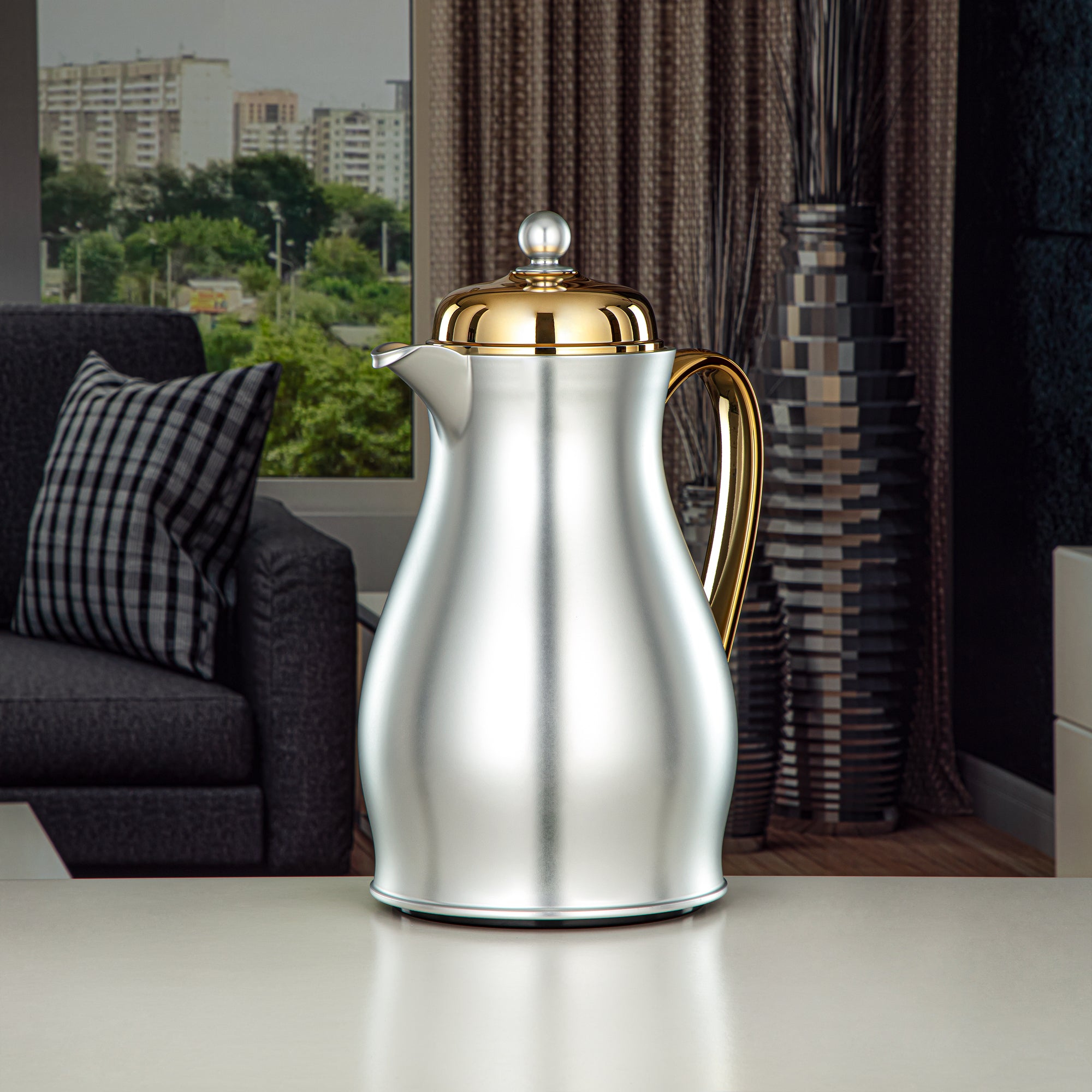 Almarjan Vacuum Flask Metal Body with Glass Liner 1L Matt Silver & Gold (RPA-100-MSG) – Everyday Elegance Collection