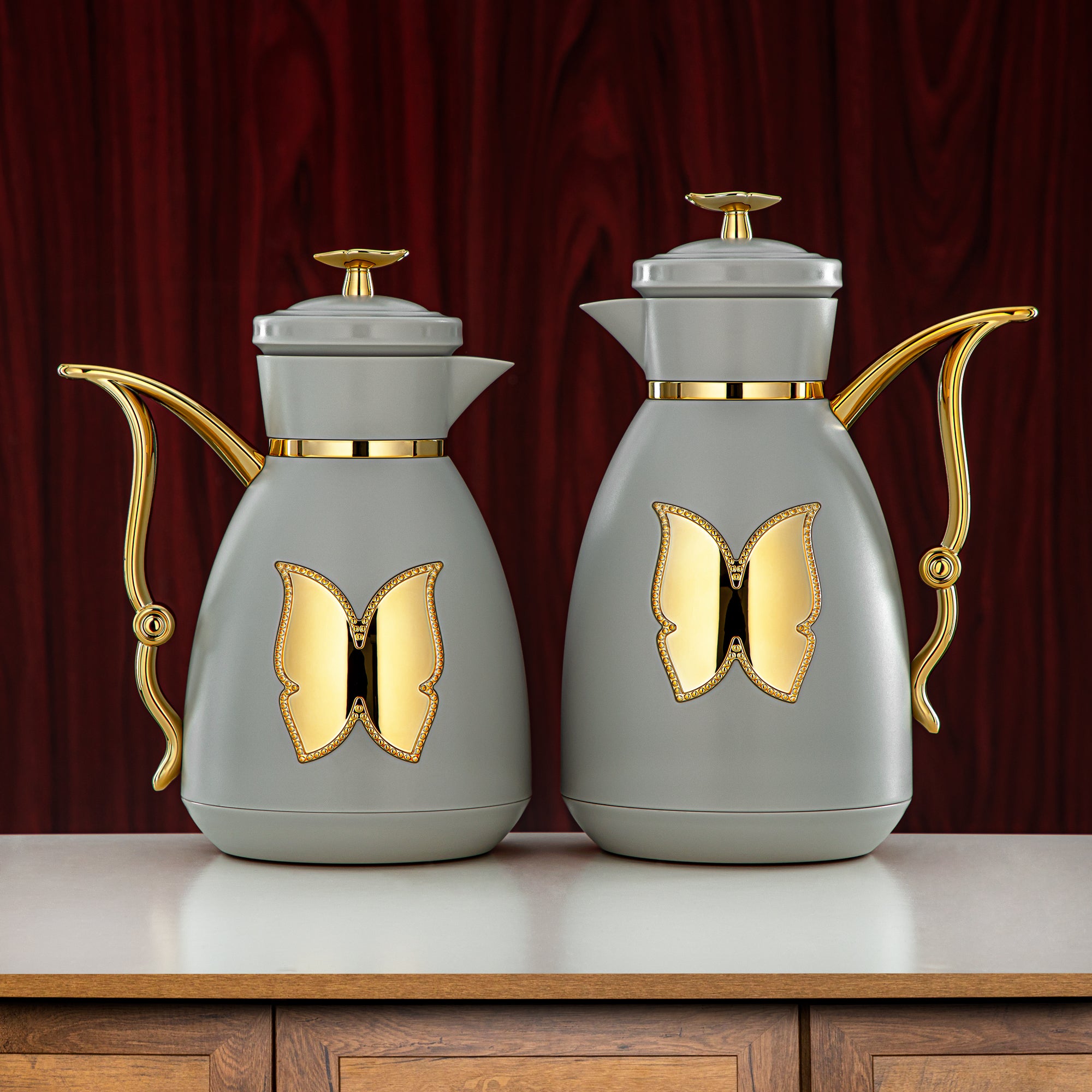 Almarjan Vacuum Flask Set Plastic Push Button 1L Light Grey Gold  (SM-2C142-070/100 LG/G) Tea Coffee Flask