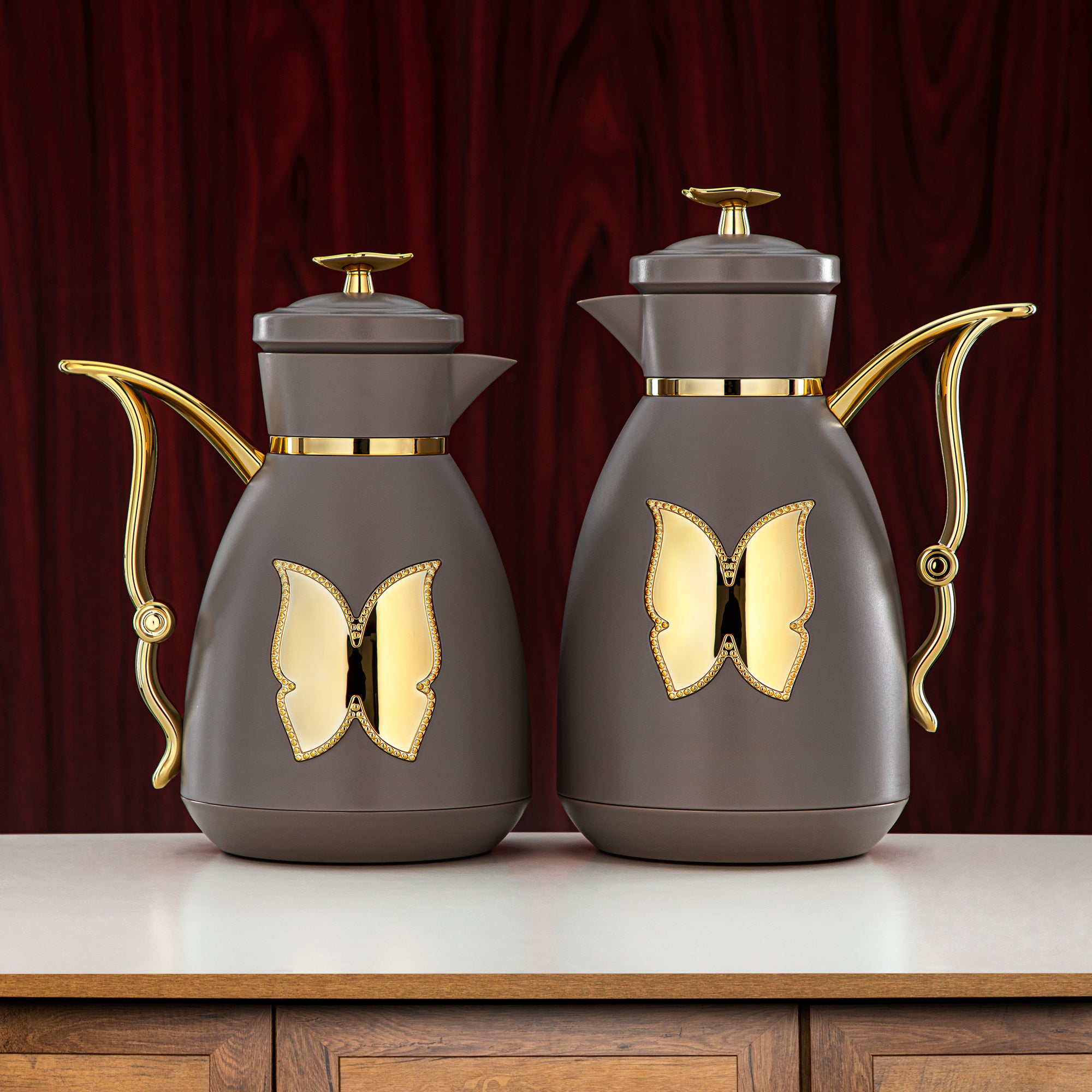 Almarjan Vacuum Flask Set Plastic Push Button 1L Coffee Gold  (SM-2C142-070/100 WG/G) Tea Coffee Flask