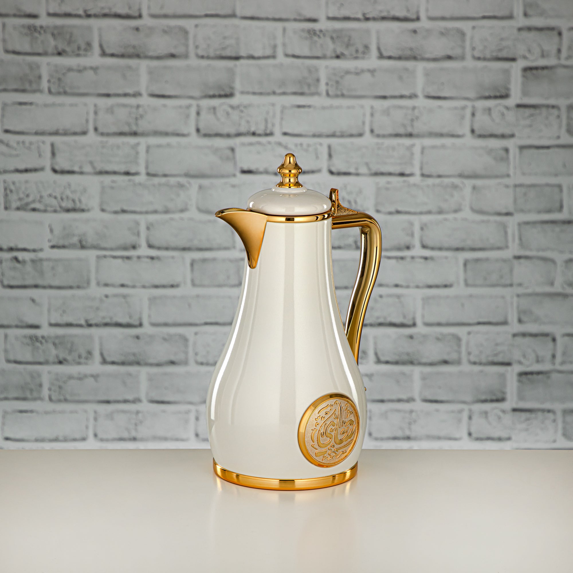 Almarjan Vacuum Flask Set, Push Button - 1L + 1L, Pearl White & Gold (SR-PWG) - Classic and Elegant