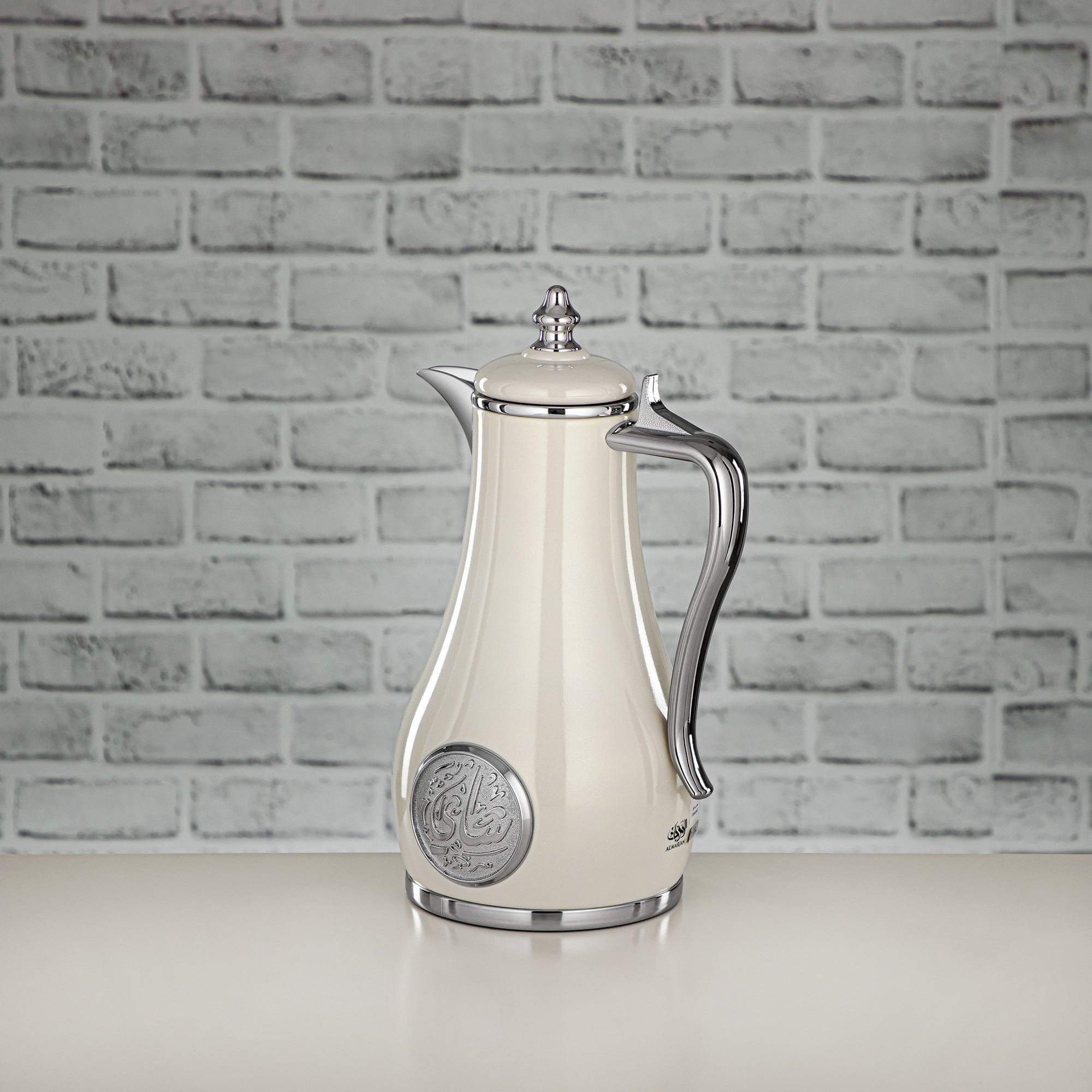 Almarjan Vacuum Flask Set, Push Button - 1L + 1L, Pearl White & Silver (SR-PWS) - Classic and Elegant