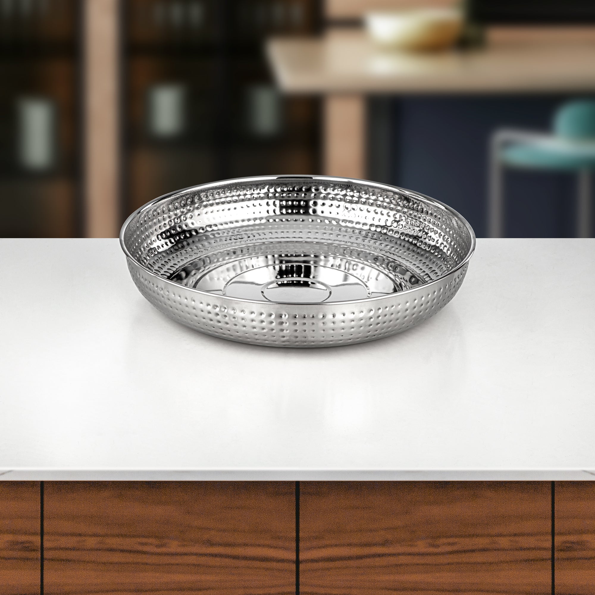 Almarjan Bread Tray Stainless Steel Hammered Mirror Finish 36 cm (H24M2) – Breakfast Serveware | Ramadan & Gatherings