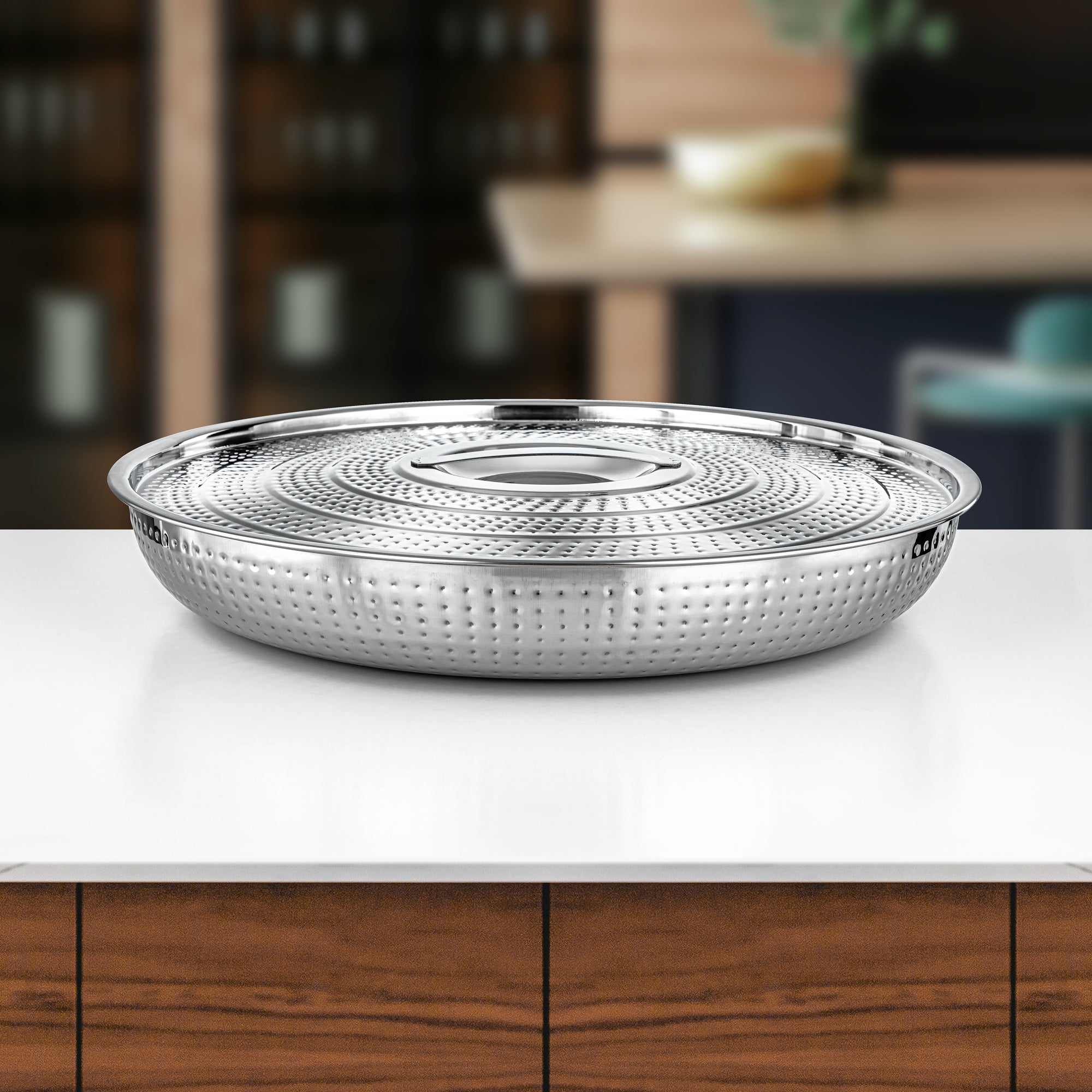 صينية خبز المرجان مع غطاء ستانلس ستيل بتشطيب مطروق ولامع 45 سم (H24M2) – أدوات تقديم الإفطار | رمضان والتجمعات