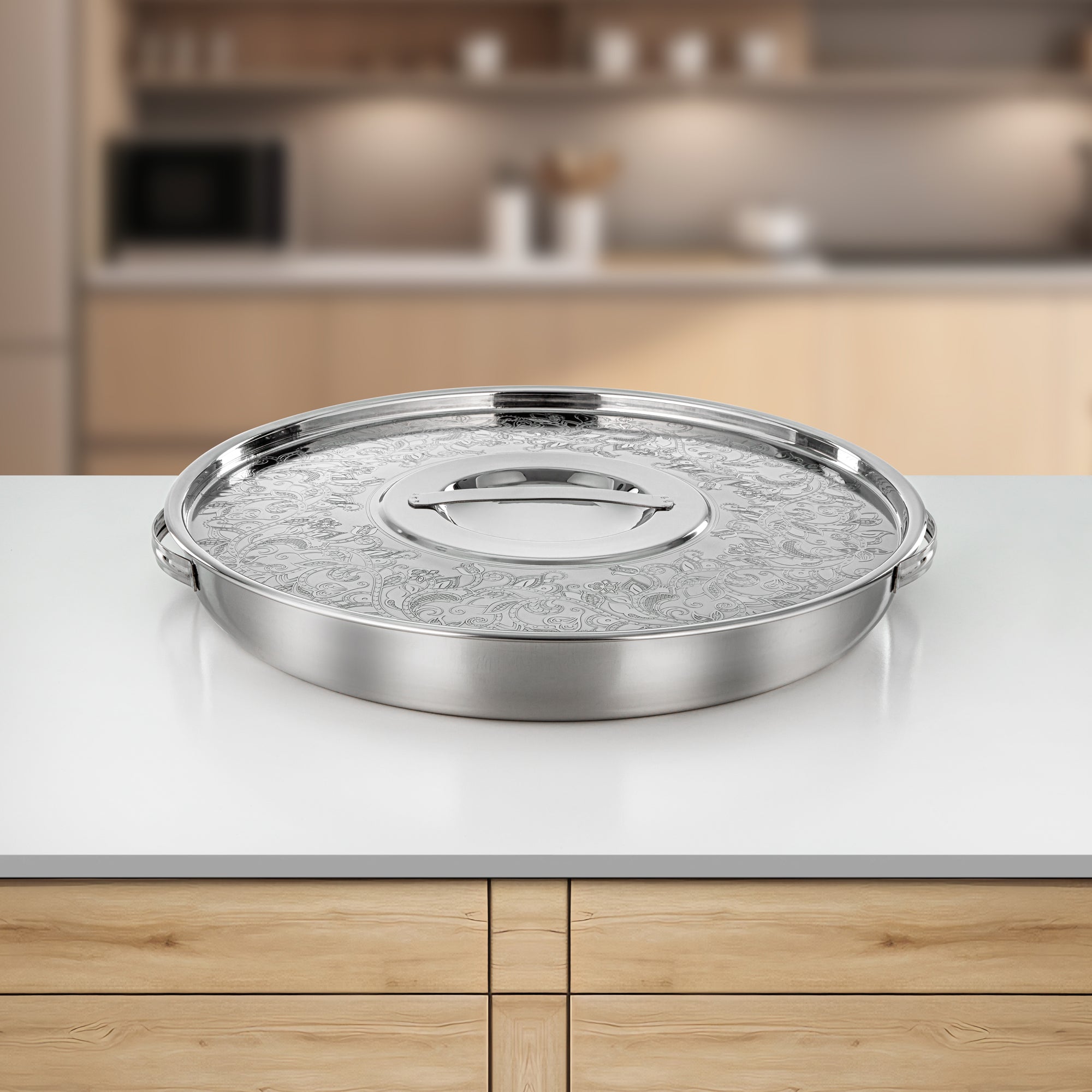 صينية إفطار المرجان مع غطاء محفور ستانلس ستيل بلمعة مرآة 43 سم (H24E1) – أدوات تقديم الإفطار | رمضان والتجمعات