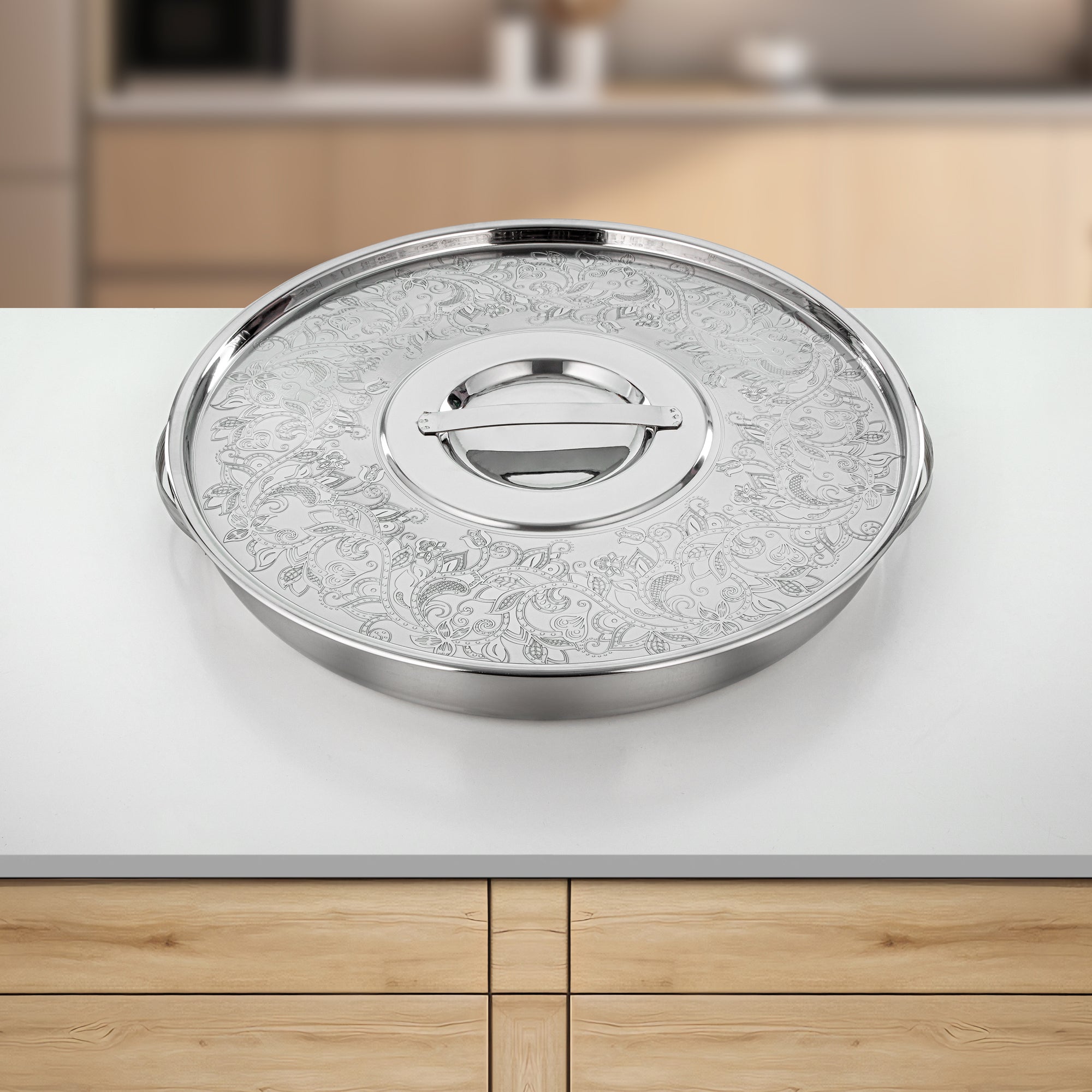 صينية إفطار المرجان مع غطاء محفور ستانلس ستيل بلمعة مرآة 43 سم (H24E1) – أدوات تقديم الإفطار | رمضان والتجمعات