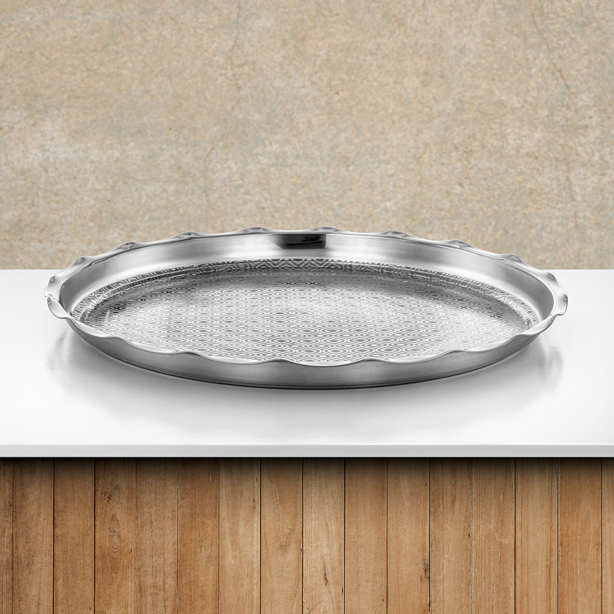 Almarjan Round Tray Stainless Steel Mirror Finish Etched Pattern 50 cm (H24E2) – Wave Collection | Ramadan & Gatherings