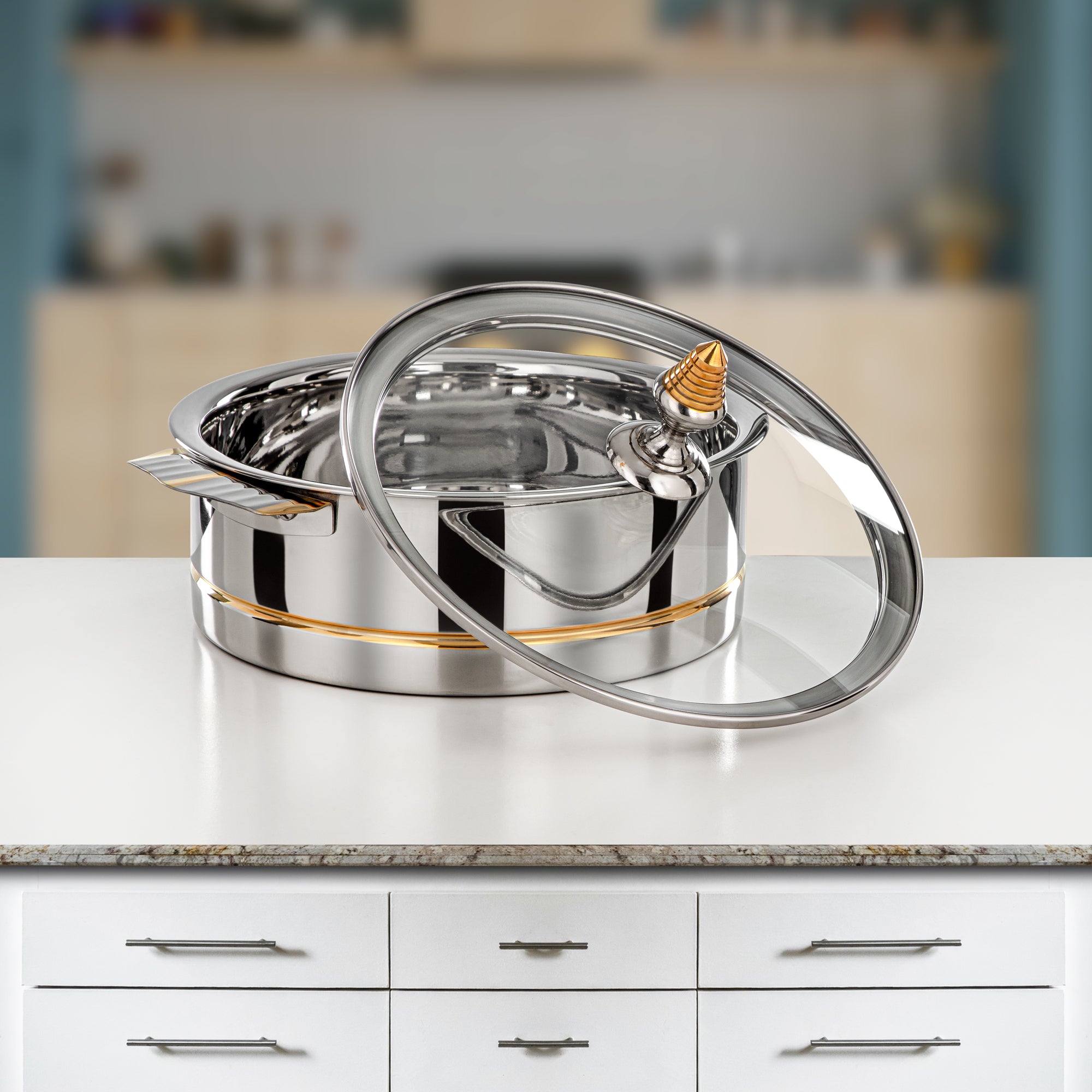 Almarjan Hot Pot Stainless Steel, Glass Cover, Silver & Gold, 25CM (H25PG3) - Lara Collection, Elegant Dining Experiences