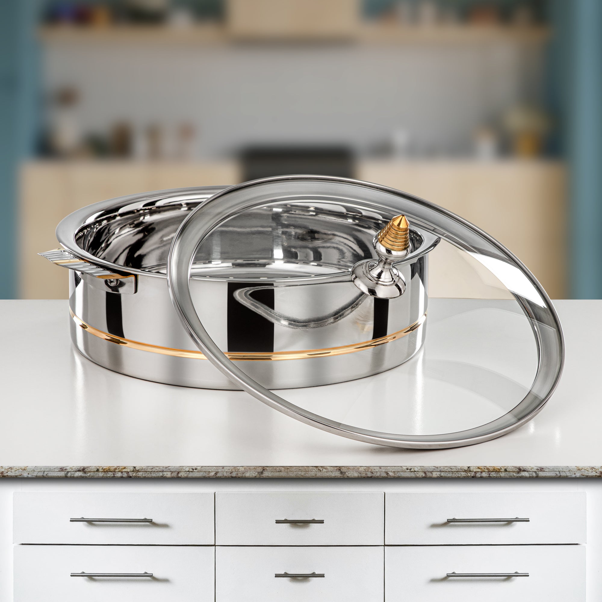 Almarjan Hot Pot Stainless Steel, Glass Cover, Silver & Gold, 30CM (H25PG3) - Lara Collection, Elegant Dining Experiences
