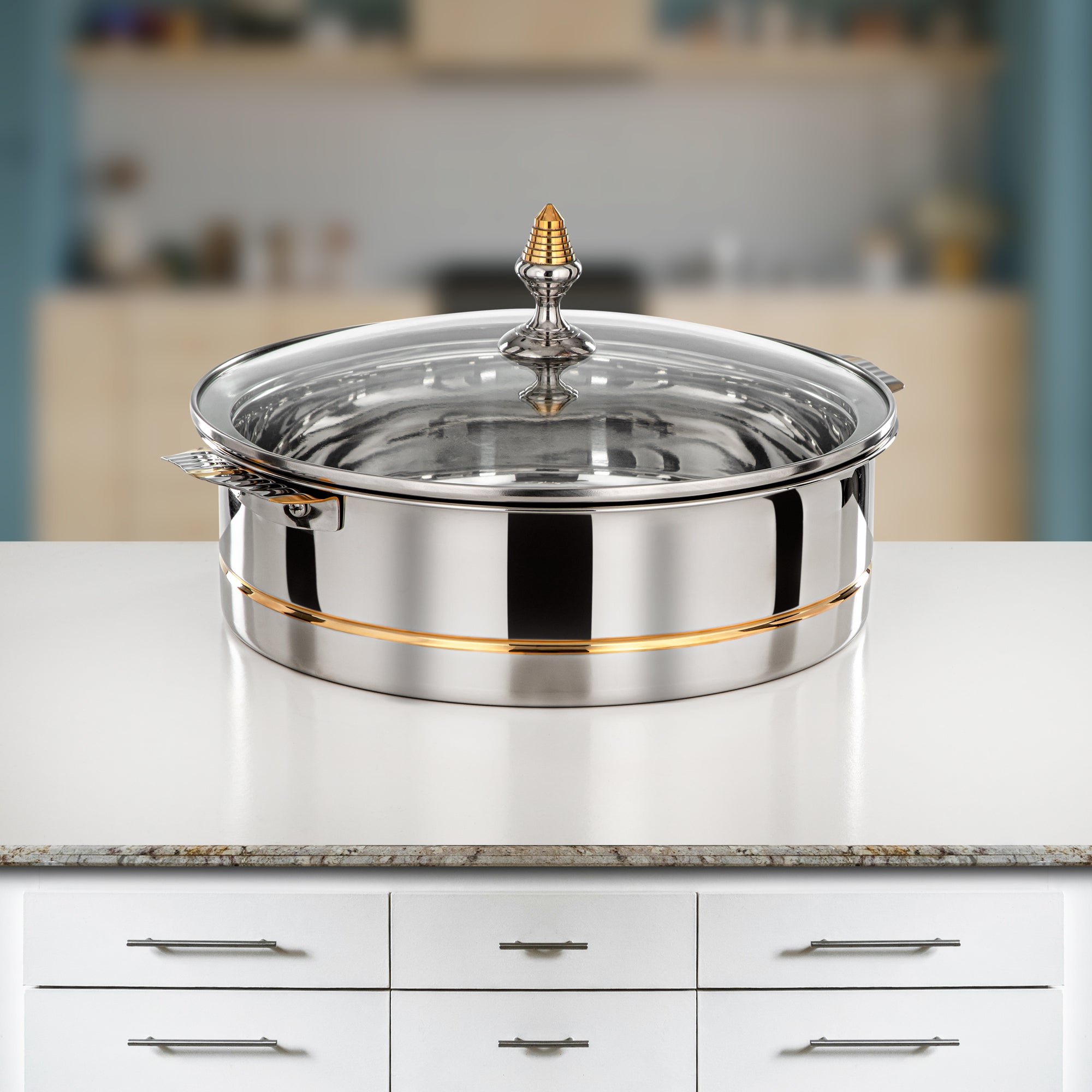 Almarjan Hot Pot Stainless Steel, Glass Cover, Silver & Gold, 30CM (H25PG3) - Lara Collection, Elegant Dining Experiences