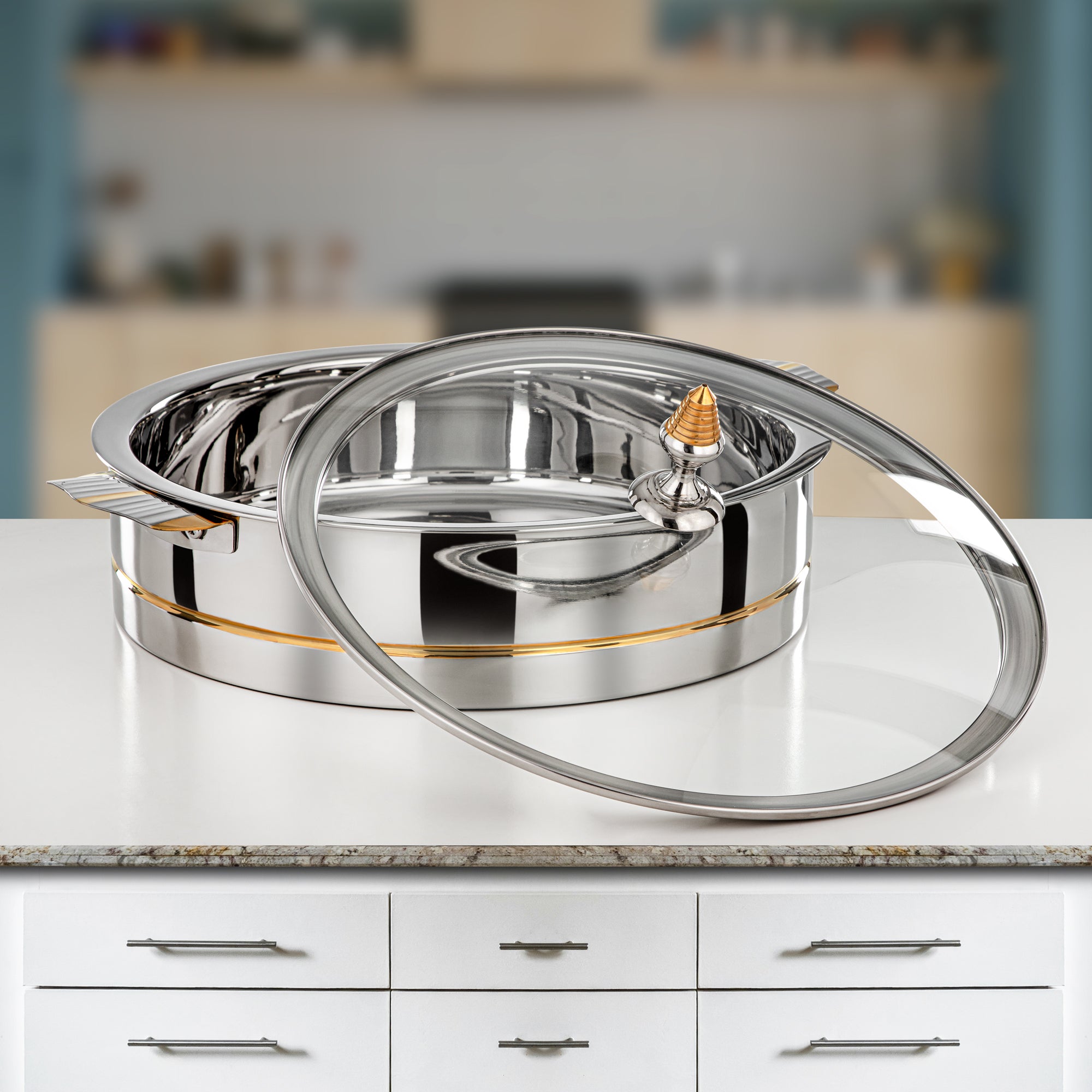 Almarjan Hot Pot Stainless Steel, Glass Cover, Silver & Gold, 35CM (H25PG3) - Lara Collection, Elegant Dining Experiences