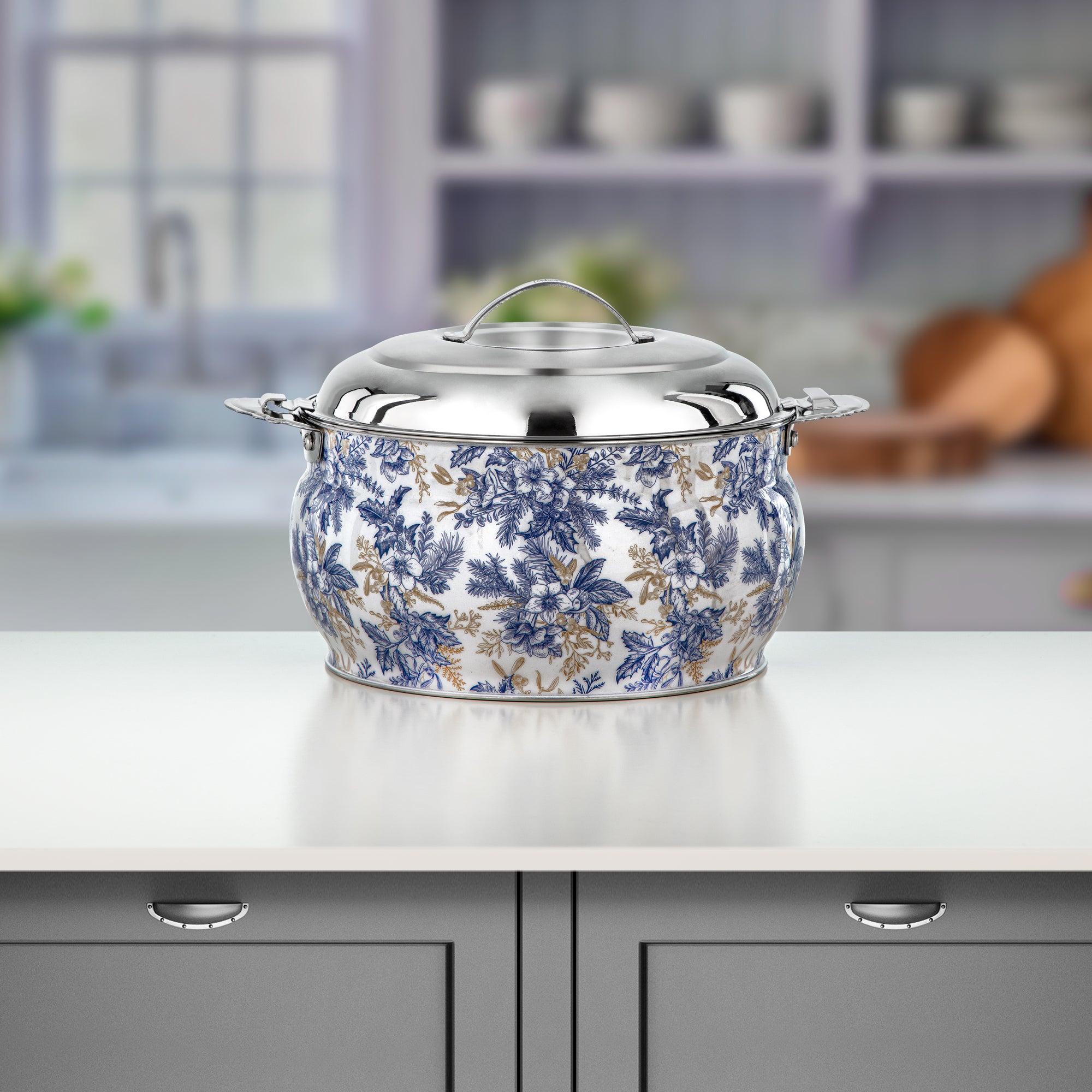 Almarjan Hot Pot Set Stainless Steel Floral Design 3000ml + 4000ml + 6000ml (H25SHF1) – Fonon Collection | Elegant Serving for Ramadan & Gatherings