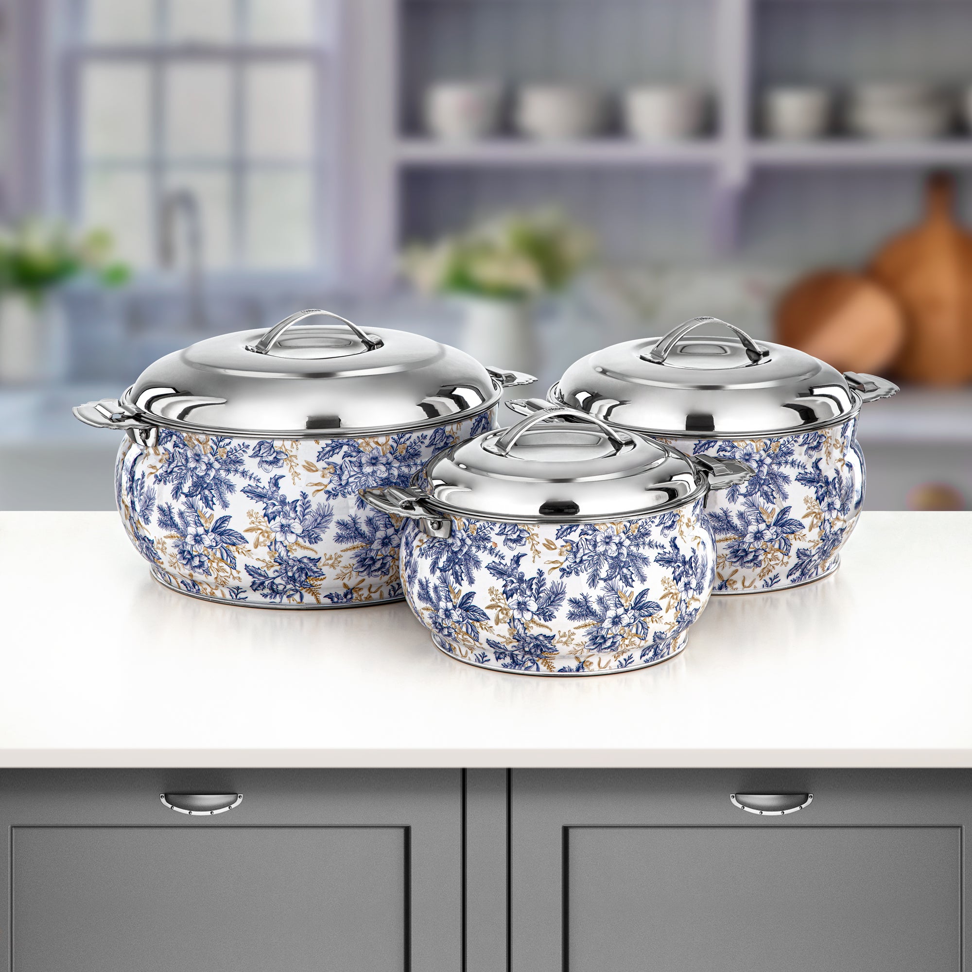 Almarjan Hot Pot Set Stainless Steel Floral Design 3000ml + 4000ml + 6000ml (H25SHF1) – Fonon Collection | Elegant Serving for Ramadan & Gatherings