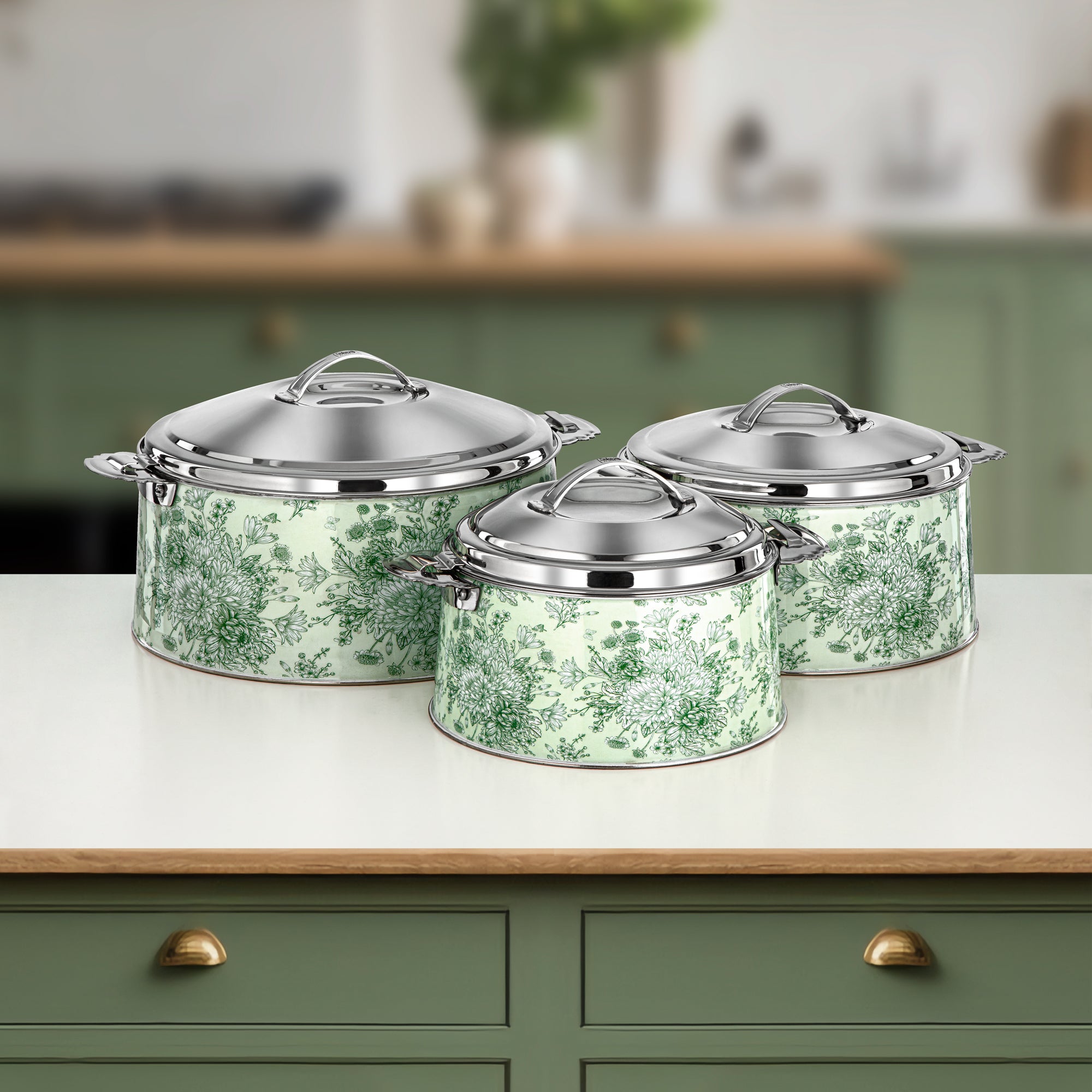 Almarjan Hot Pot Set Stainless Steel Floral Design 3000ml + 4000ml + 6000ml (H25SHF2) – Fonon Collection | Elegant Serving for Ramadan & Gatherings