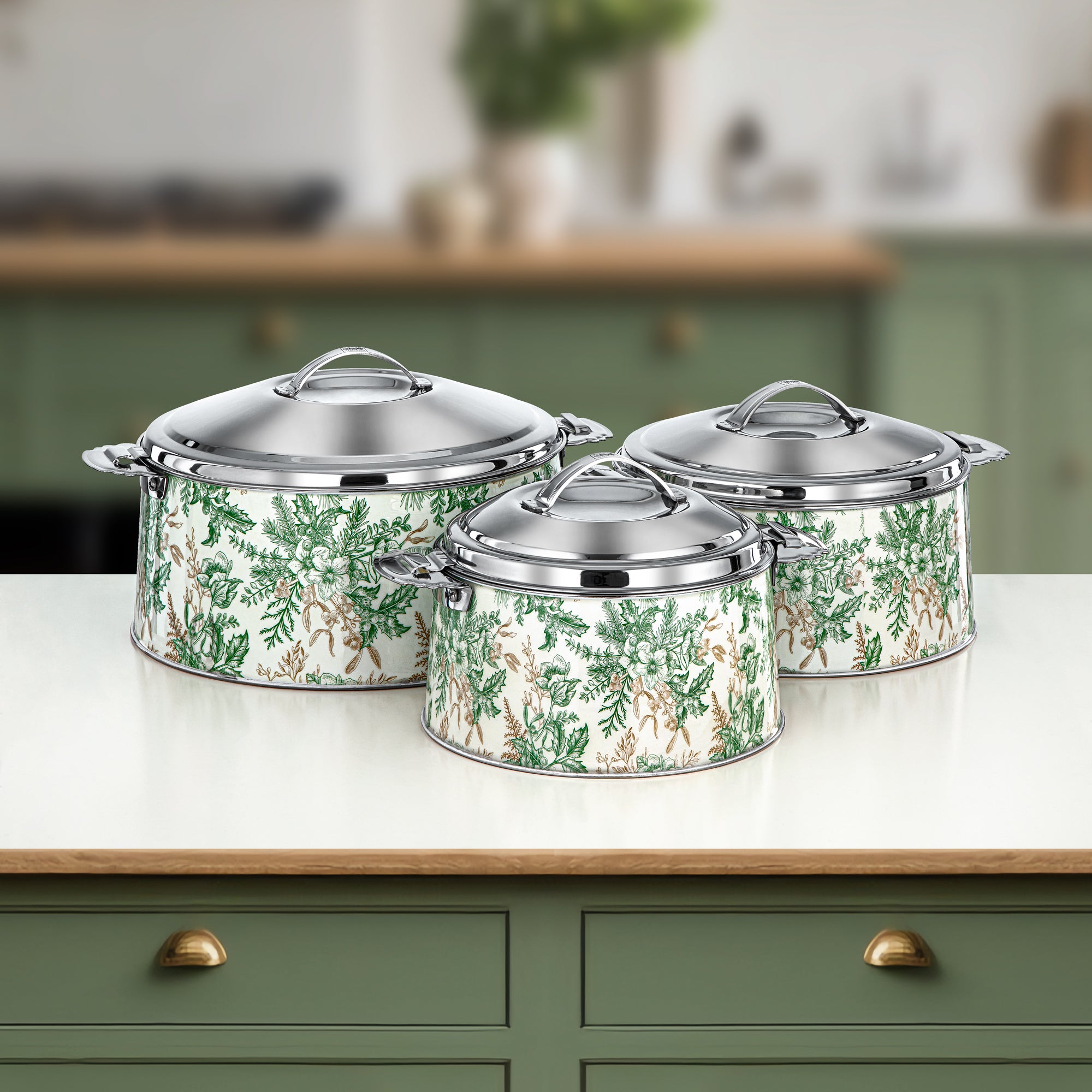 Almarjan Hot Pot Set Stainless Steel Floral Design 3000ml + 4000ml + 6000ml (H25SHF3) – Fonon Collection | Elegant Serving for Ramadan & Gatherings