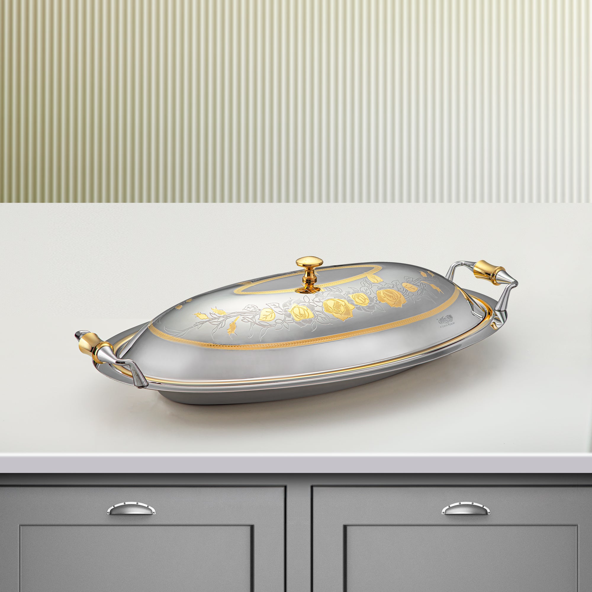 Almarjan 46 CM Lea Collection Stainless Steel Oval Serving Tray With Cover  Silver Gold STS2051263
