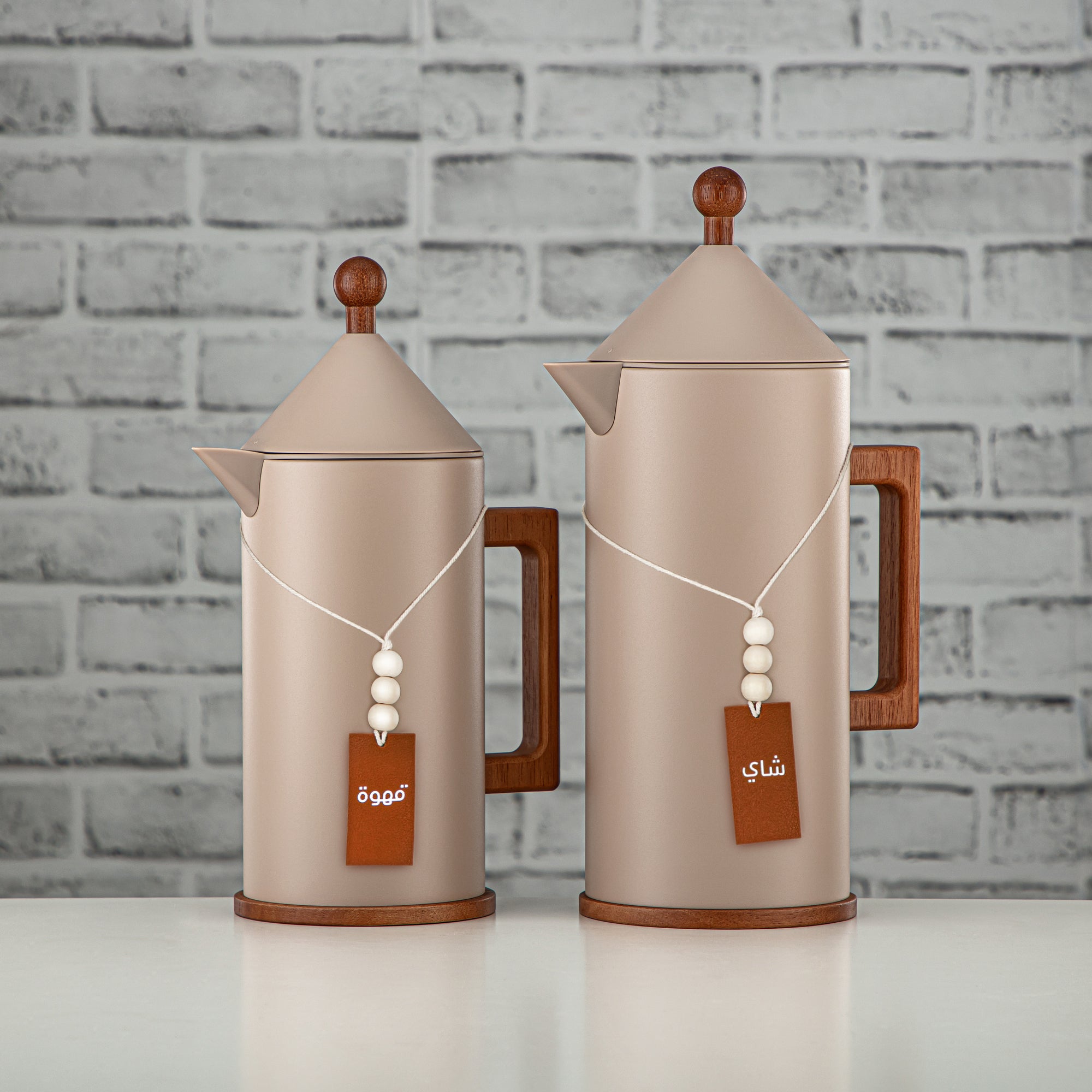 Almarjan Vacuum Flask Set Matt Beige & Wooden Handle 0.6L + 1L (VAF2950003 + TRHG-15) – Elegant Serving | Ramadan & Gatherings