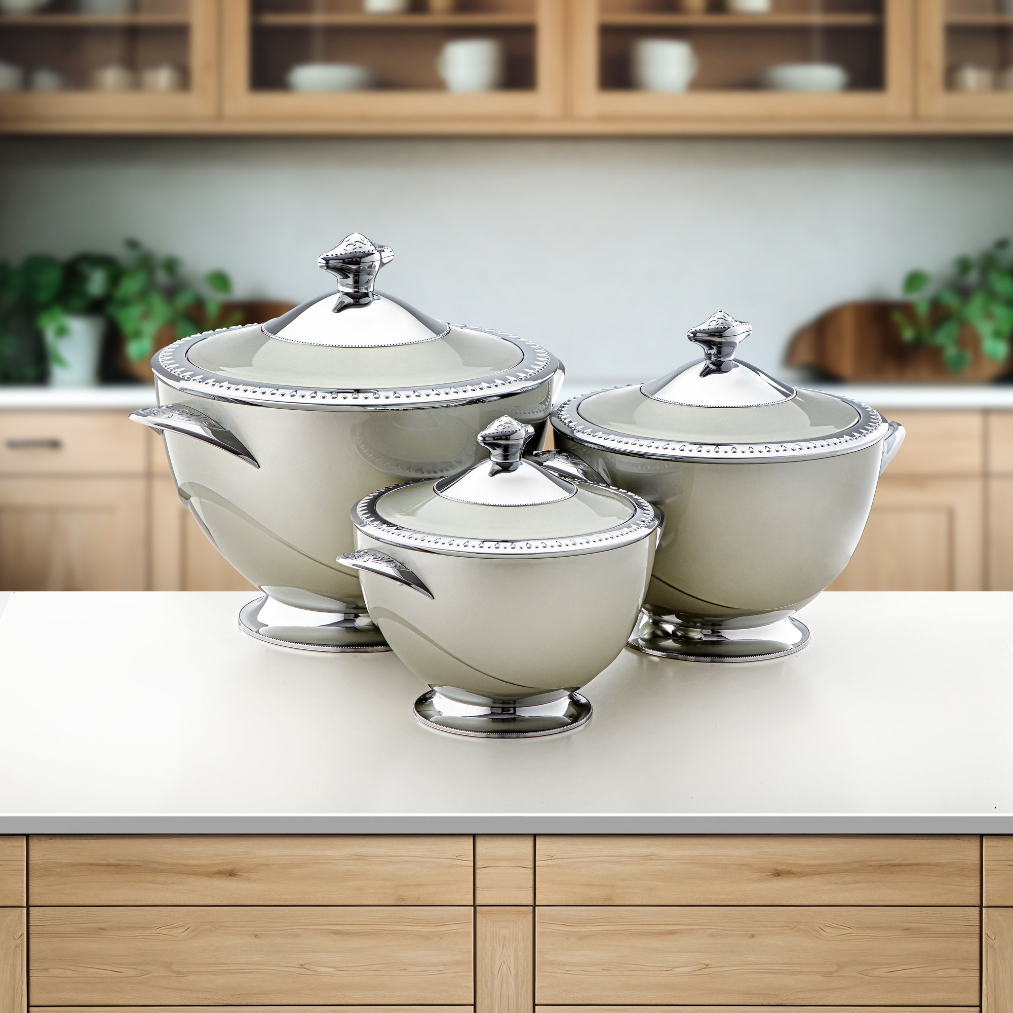 طقم حرارات من المرجان مكون من 3 قطع باللون الرمادي الفاتح والفضي - ZL LG/C