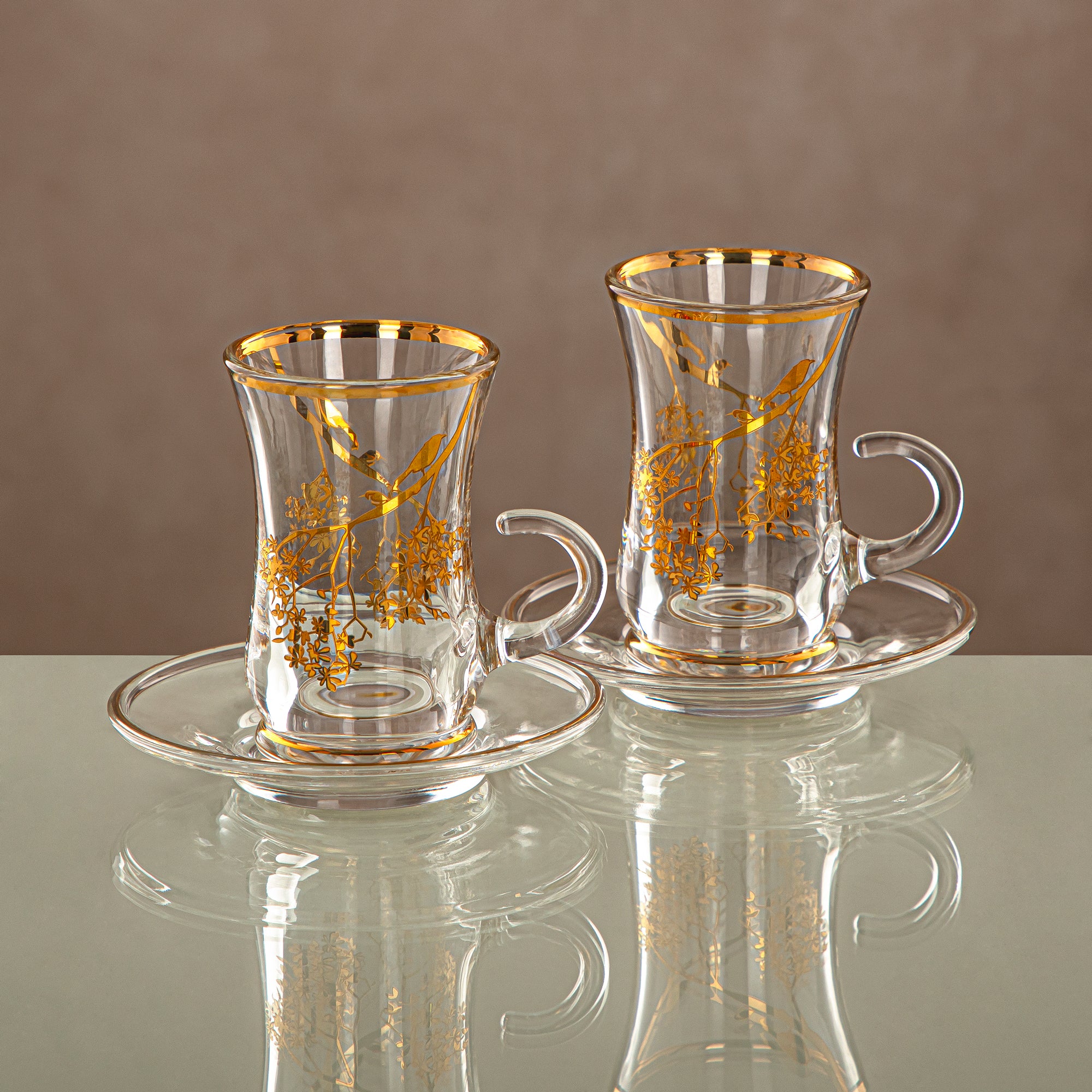 Almarjan Tea Cup & Saucer Set Clear & Gold 6 pieces (1496BJ-0001P-XQZT-GLD) Gatherings, special occasions, Ramadan, eid