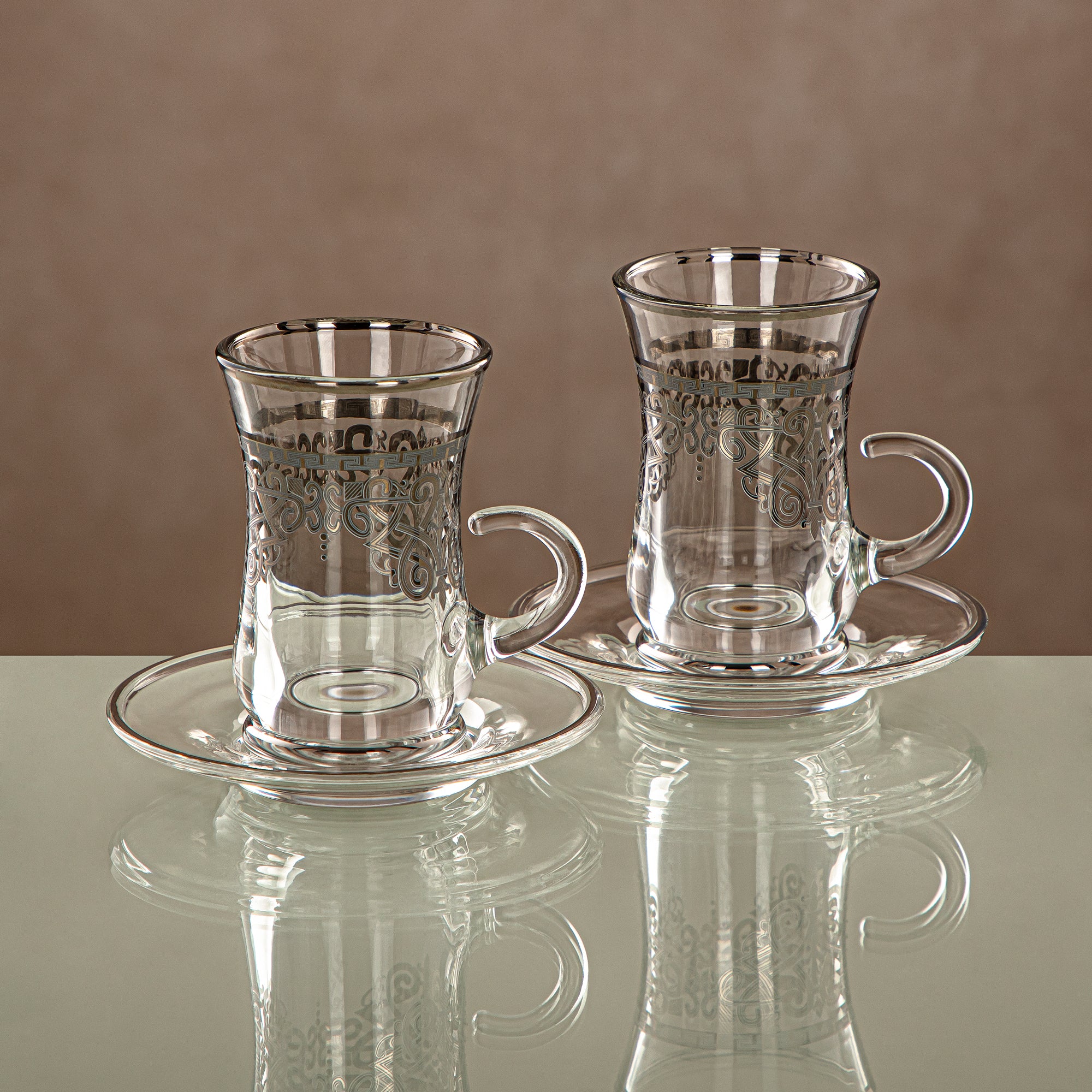 Almarjan Tea Cup & Saucer Set Clear & silver 6 pieces (1496BJ-0001P-YCS-SIL) Gatherings, special occasions, Ramadan, eid