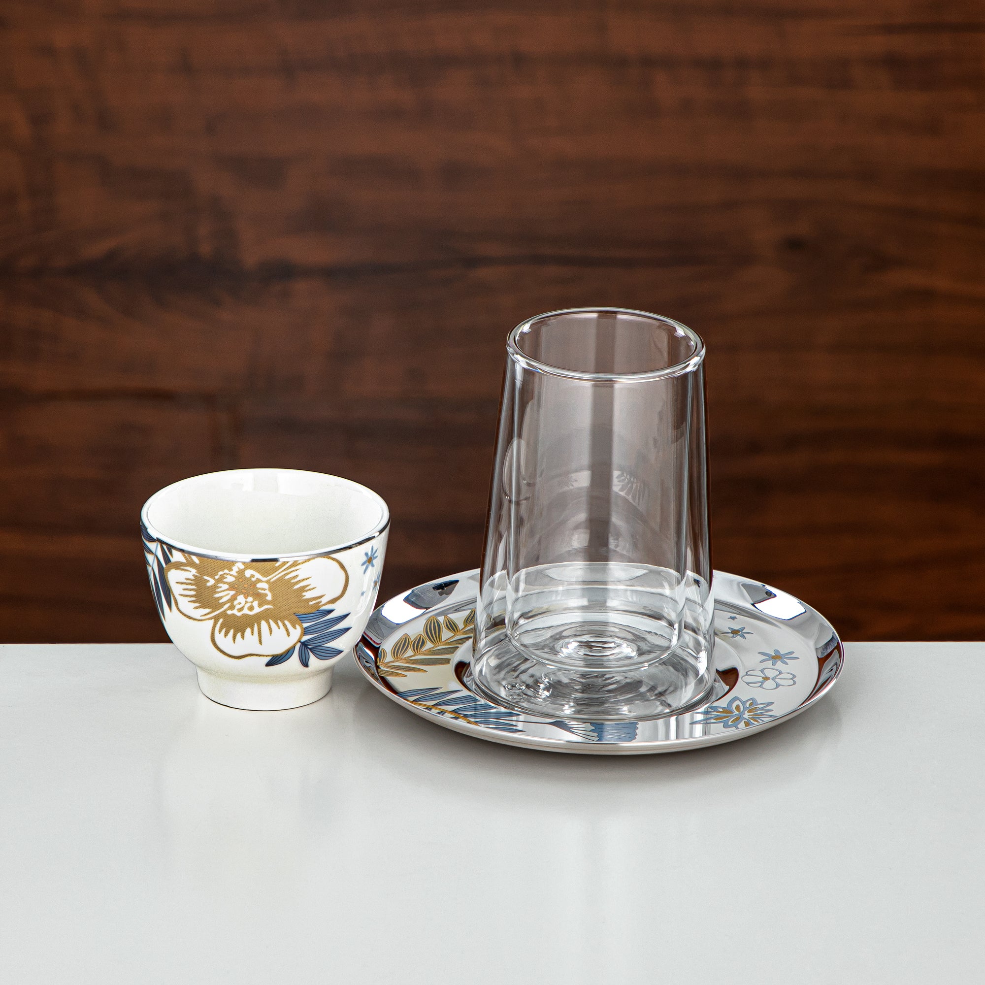 Almarjan Tea Set Double-Walled Borosilicate Glass, Stainless Steel & Porcelain 18 Pieces (18PCS-12196-3) – Blue Botanical Tea Collection