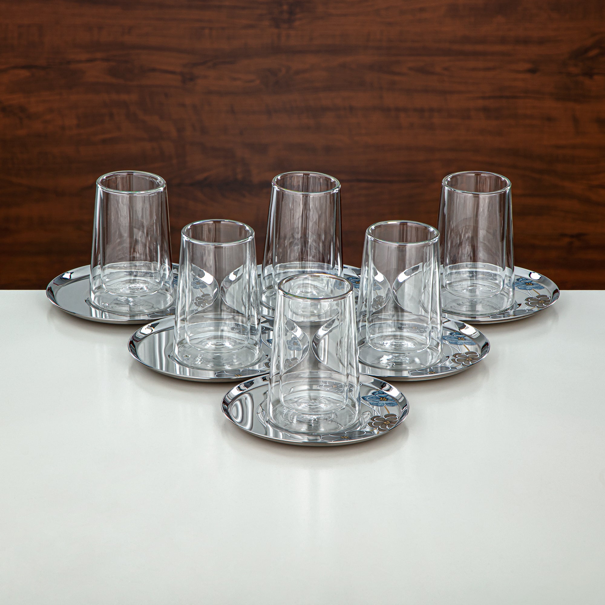 طقم شاي المرجان زجاج بوروسيليكات مزدوج الجدار، ستانلس ستيل وبورسلين 18 قطعة (18PCS-12256-3) – مجموعة شاي زهور عصرية