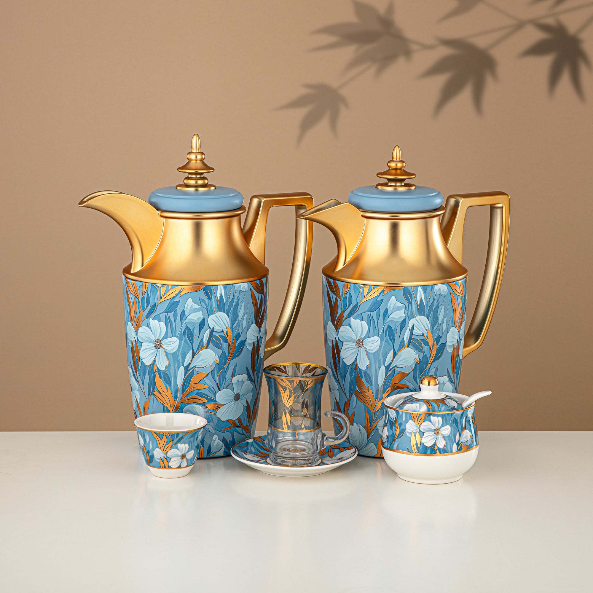 ألمرجان طقم ترامس 24 قطعة، 1 لتر + 1 لتر، مزهر ومذهب غير لامع (24-JBH-TR-AZ01G) - مجموعة كاملة للشاي والقهوة