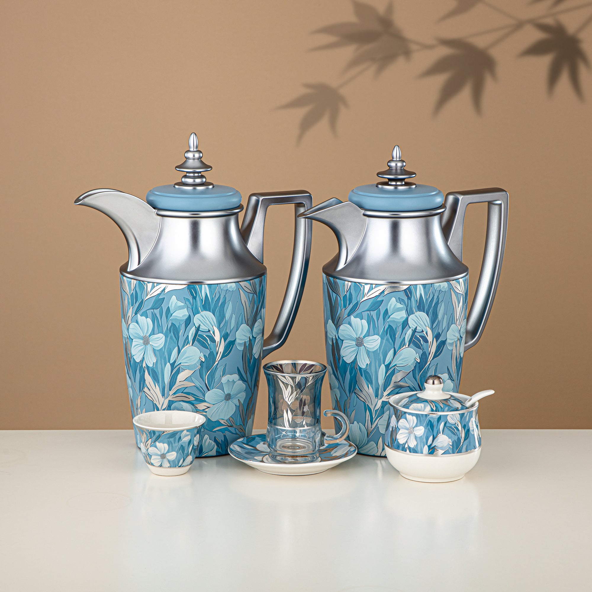 ألمرجان طقم ترامس 24 قطعة، 1 لتر + 1 لتر، مزهر ومطفي فضي (24-JBH-TR-AZ01S) - طقم الشاي والقهوة الكامل