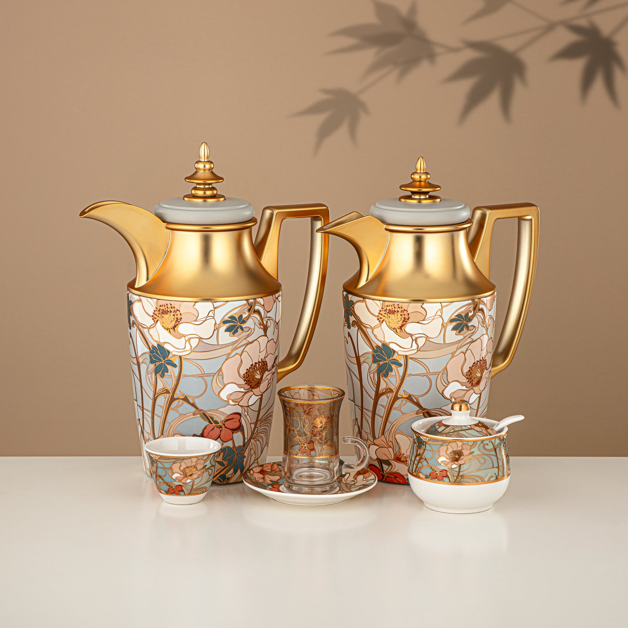 Almarjan Vacuum Flask Set 24 Pieces, 1L + 1L, Floral & Matt Gold (24-JBH-TR-AZ02G) - Tea & Coffee Complete Set