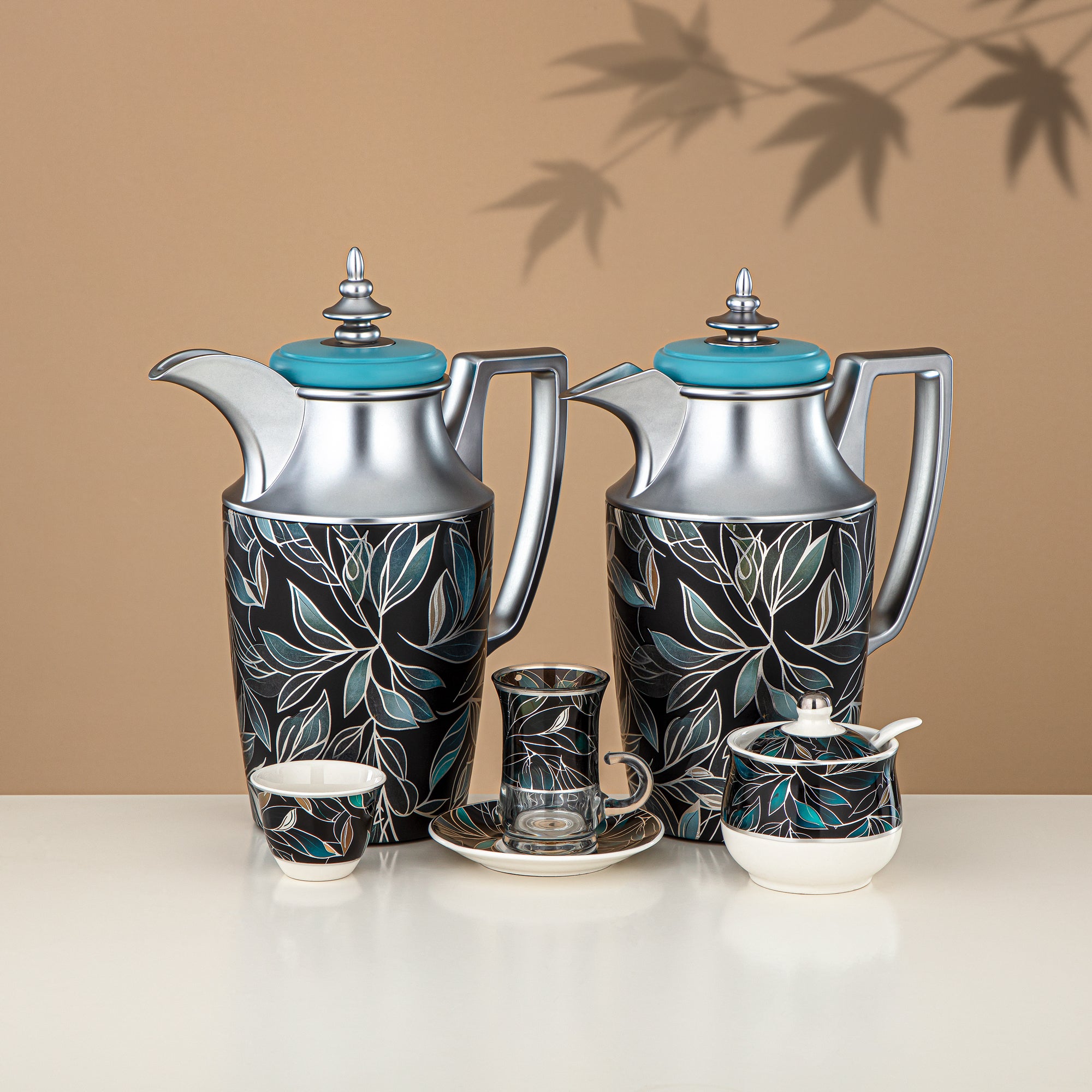 ألمرجان طقم ترامس 24 قطعة، 1 لتر + 1 لتر، مزهر ومطفي فضي (24-JBH-TR-AZ03S) - طقم الشاي والقهوة الكامل