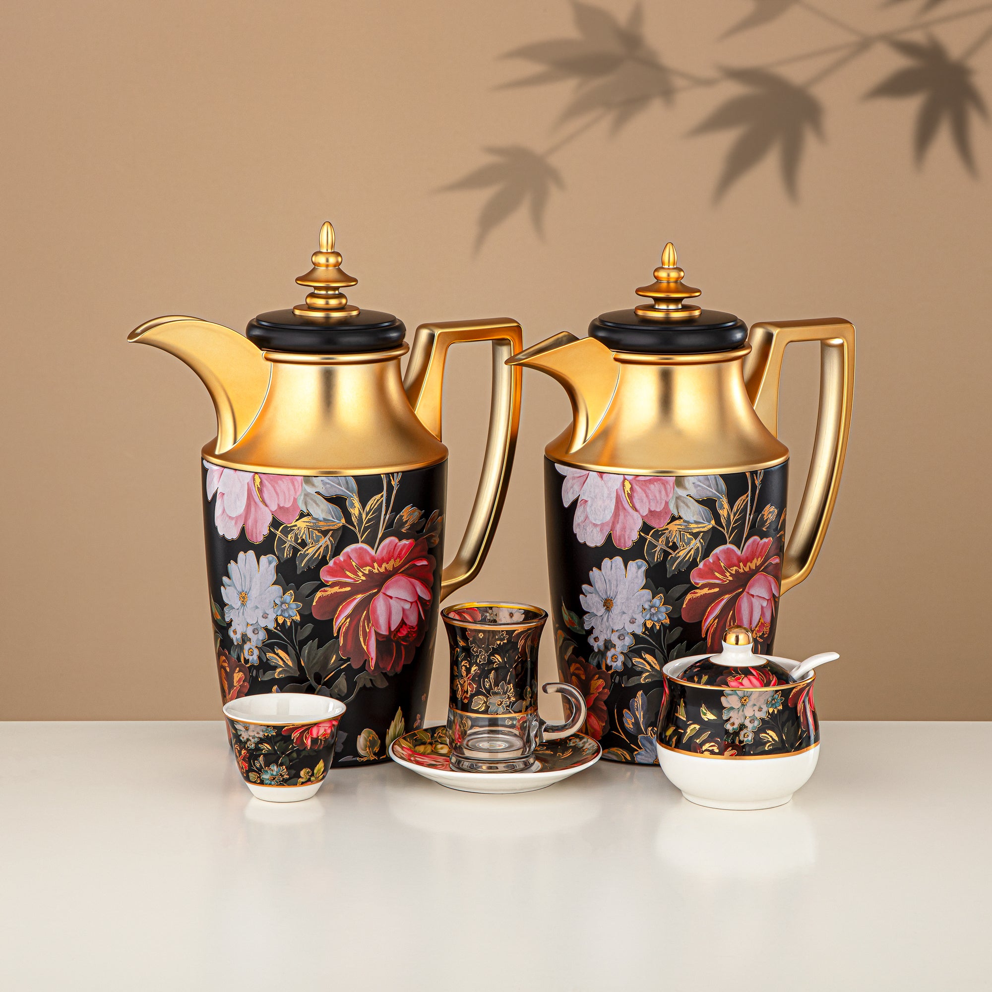 مجموعة طقم ترامس 24 قطعة، 1 لتر + 1 لتر، زهور وذهب مطفي (24-JBH-TR-AZ04G) - مجموعة الشاي والقهوة الكاملة