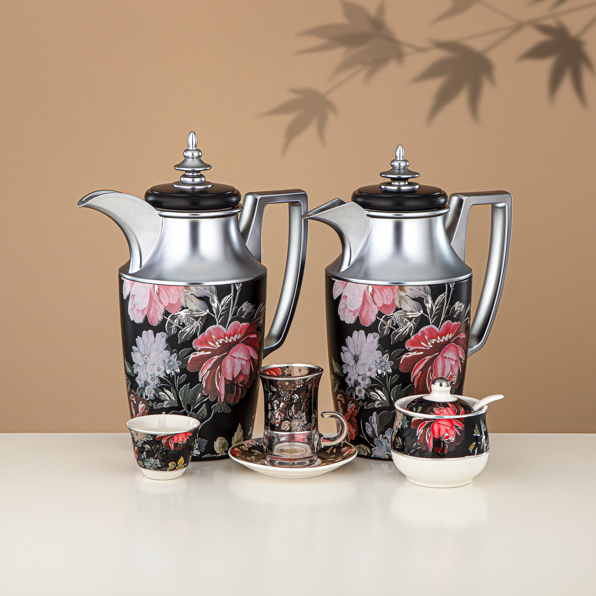 ألمرجان طقم ترامس 24 قطعة، 1 لتر + 1 لتر، مزهر ومطفي فضي (24-JBH-TR-AZ04S) - طقم الشاي والقهوة الكامل