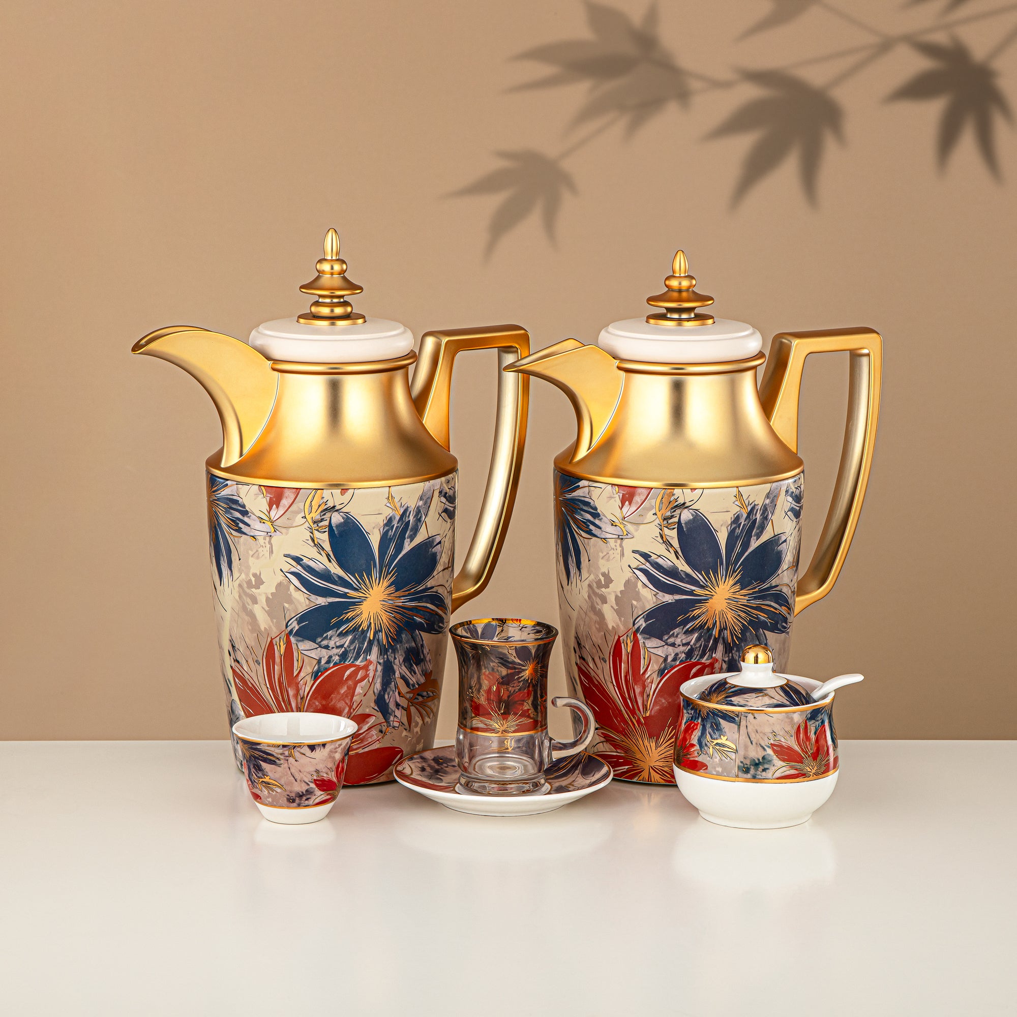ألمرجان طقم ترامس 24 قطعة، 1 لتر + 1 لتر، مزهر ومطفي ذهبي (24-JBH-TR-AZ05G) - طقم الشاي والقهوة الكامل