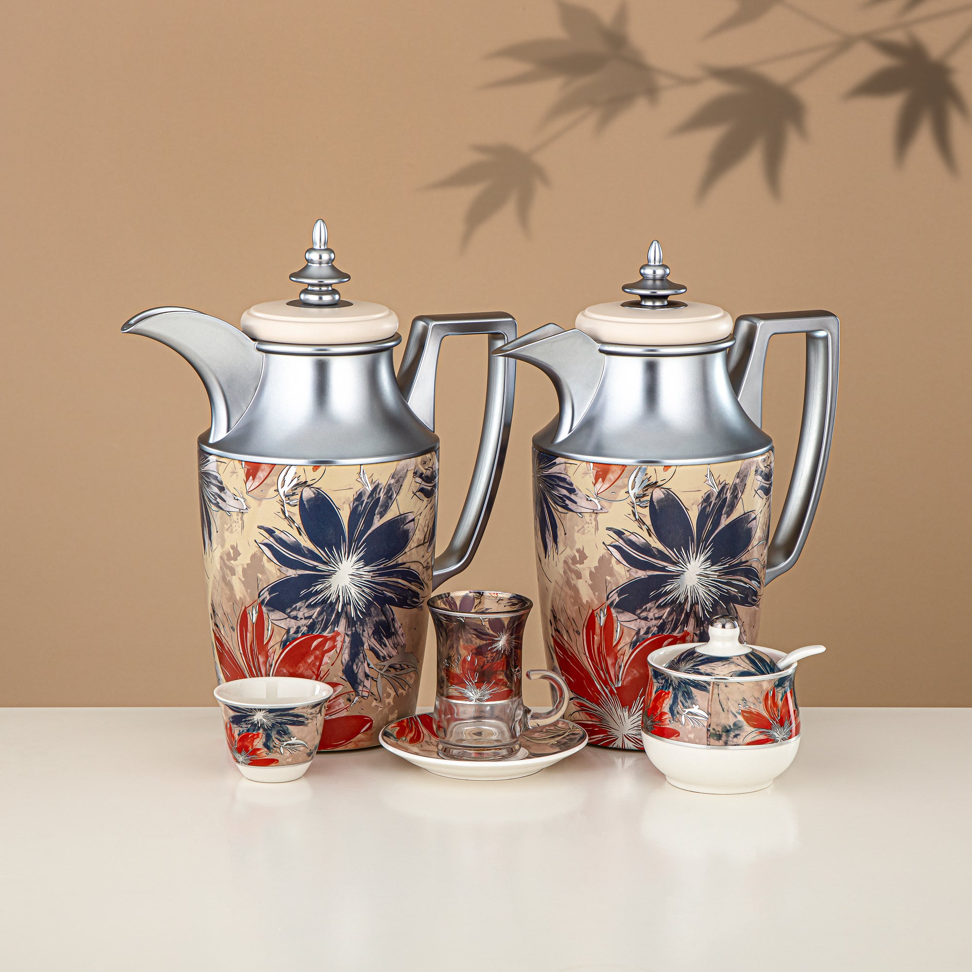 ألمرجان طقم ترامس 24 قطعة، 1 لتر + 1 لتر، مزهر ومطفي فضي (24-JBH-TR-AZ05S) - طقم الشاي والقهوة الكامل