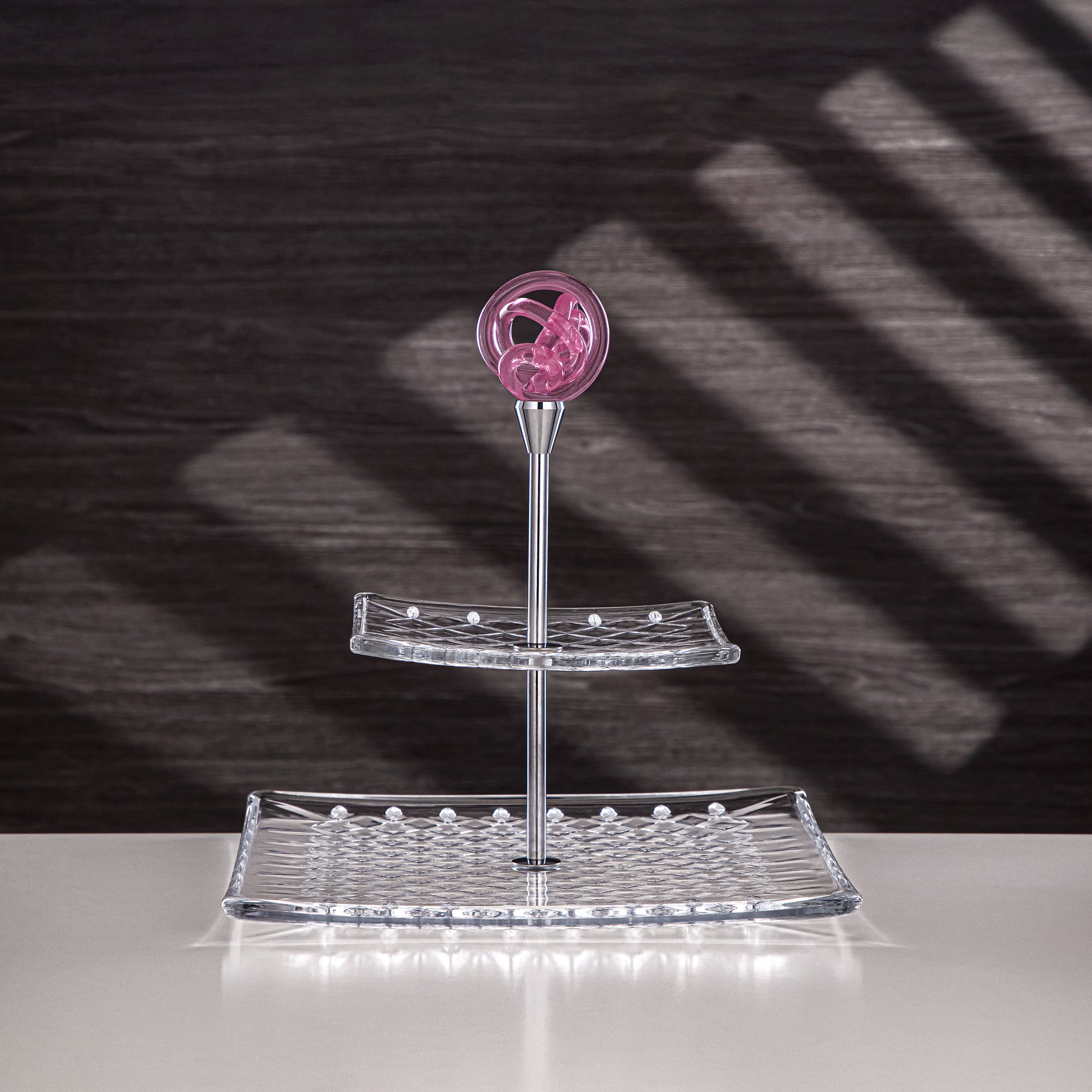 Almarjan Serveware Glass 2-Tier Square Clear with Pink Knot