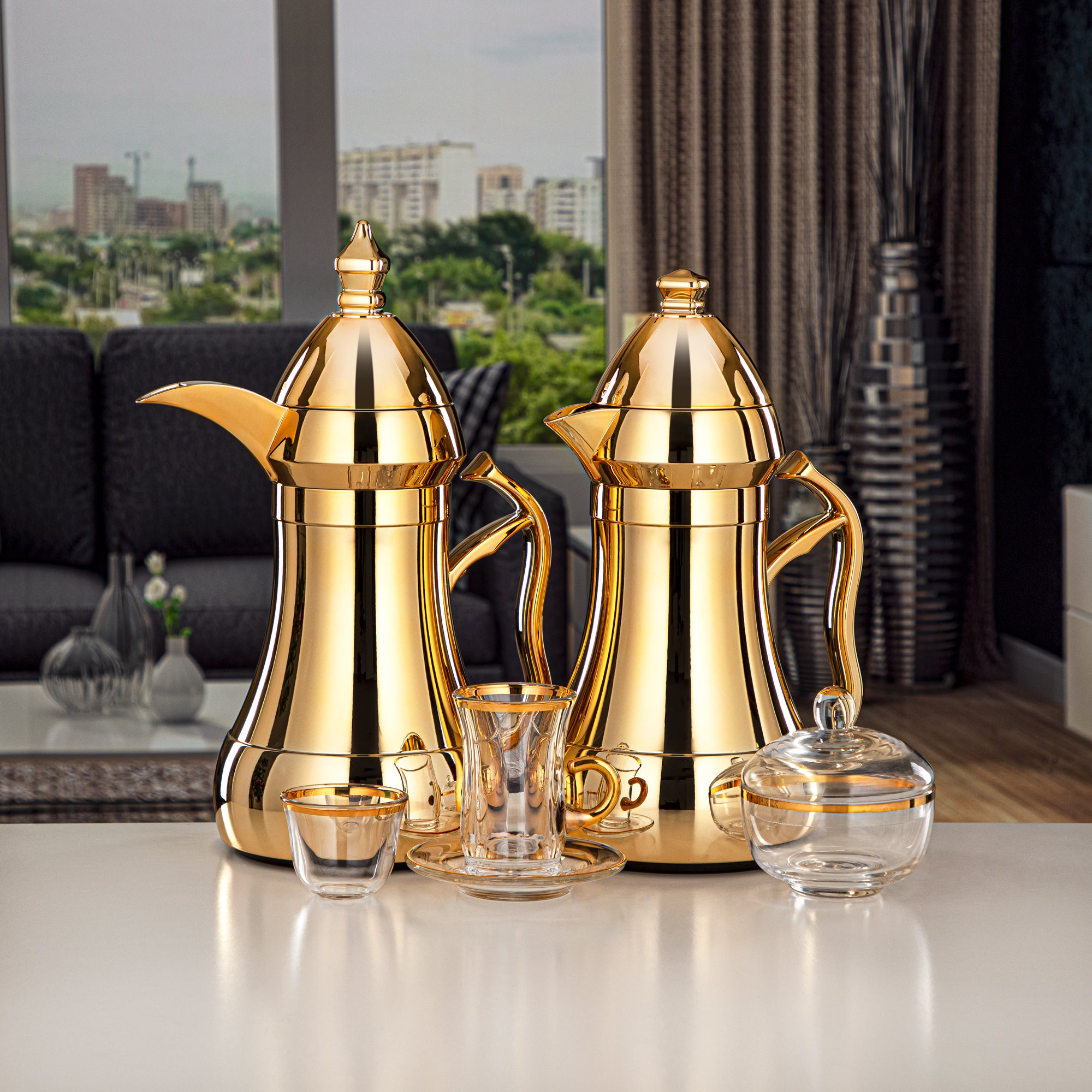 Almarjan Vacuum Flask Set 22 Pieces ABS 0.7L + 0.95L, Gold (AMJ Tea Se