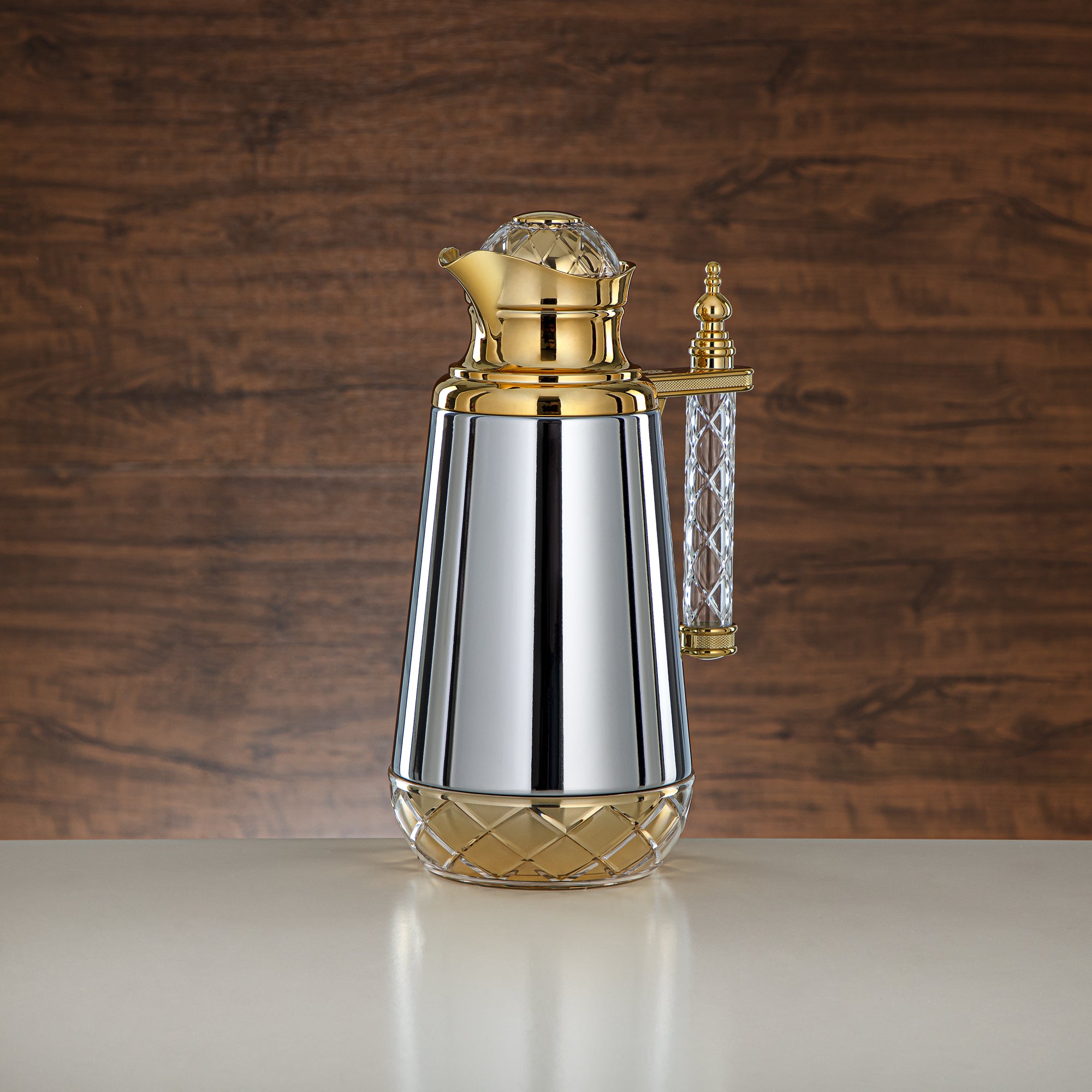 Almarjan Vacuum Flask Set, Push Button, Acrylic Handle - 0.7L + 1L, Silver & Gold (CBY+CBZ-CCG) - Classic Vacuum Flasks