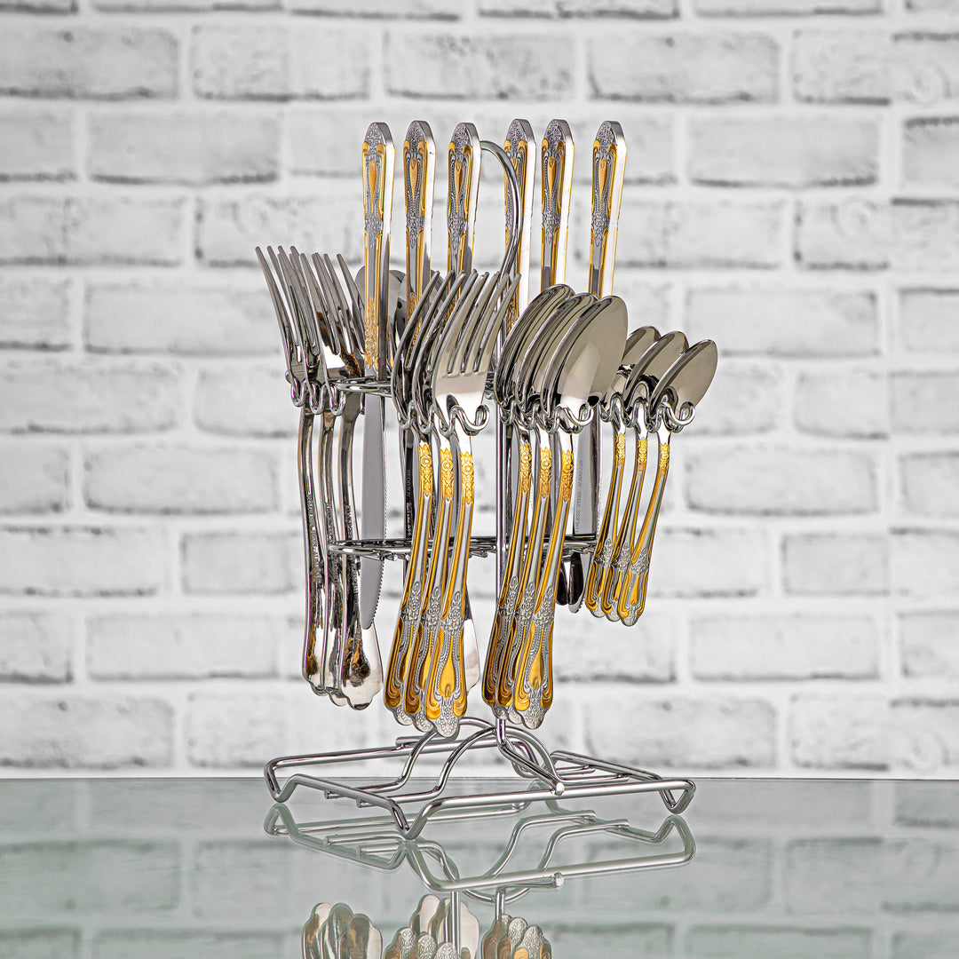 Almarjan 24 Pieces Stainless Steel Cutlery Set With Holder Silver & Gold - CUT0010203