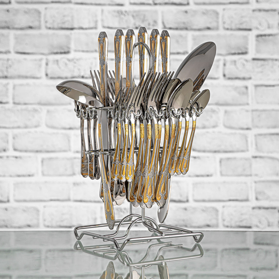Almarjan 32 Pieces Stainless Steel Cutlery Set With Holder Silver & Gold - CUT0010206