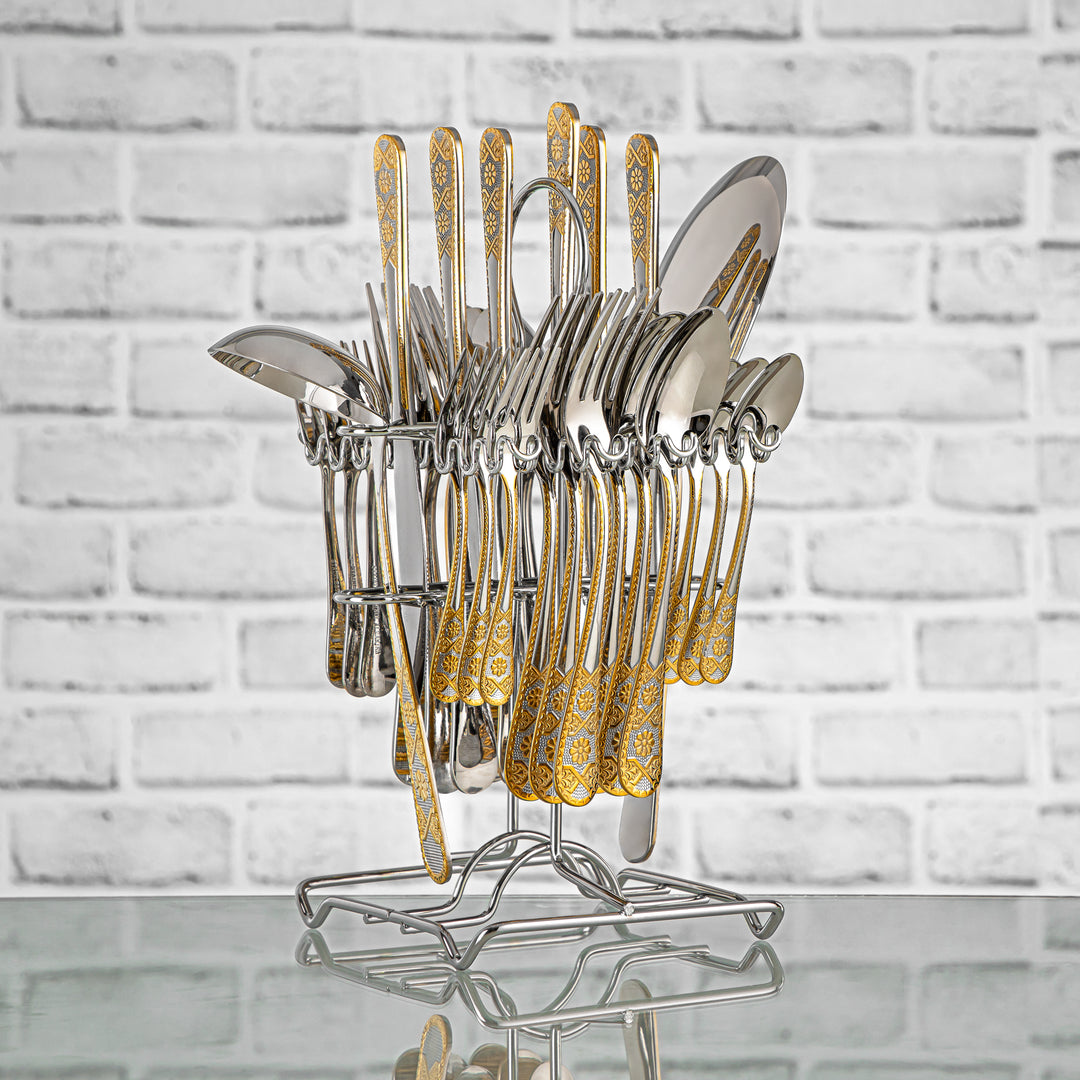 Almarjan 32 Pieces Stainless Steel Cutlery Set With Holder Silver & Gold - CUT0010208